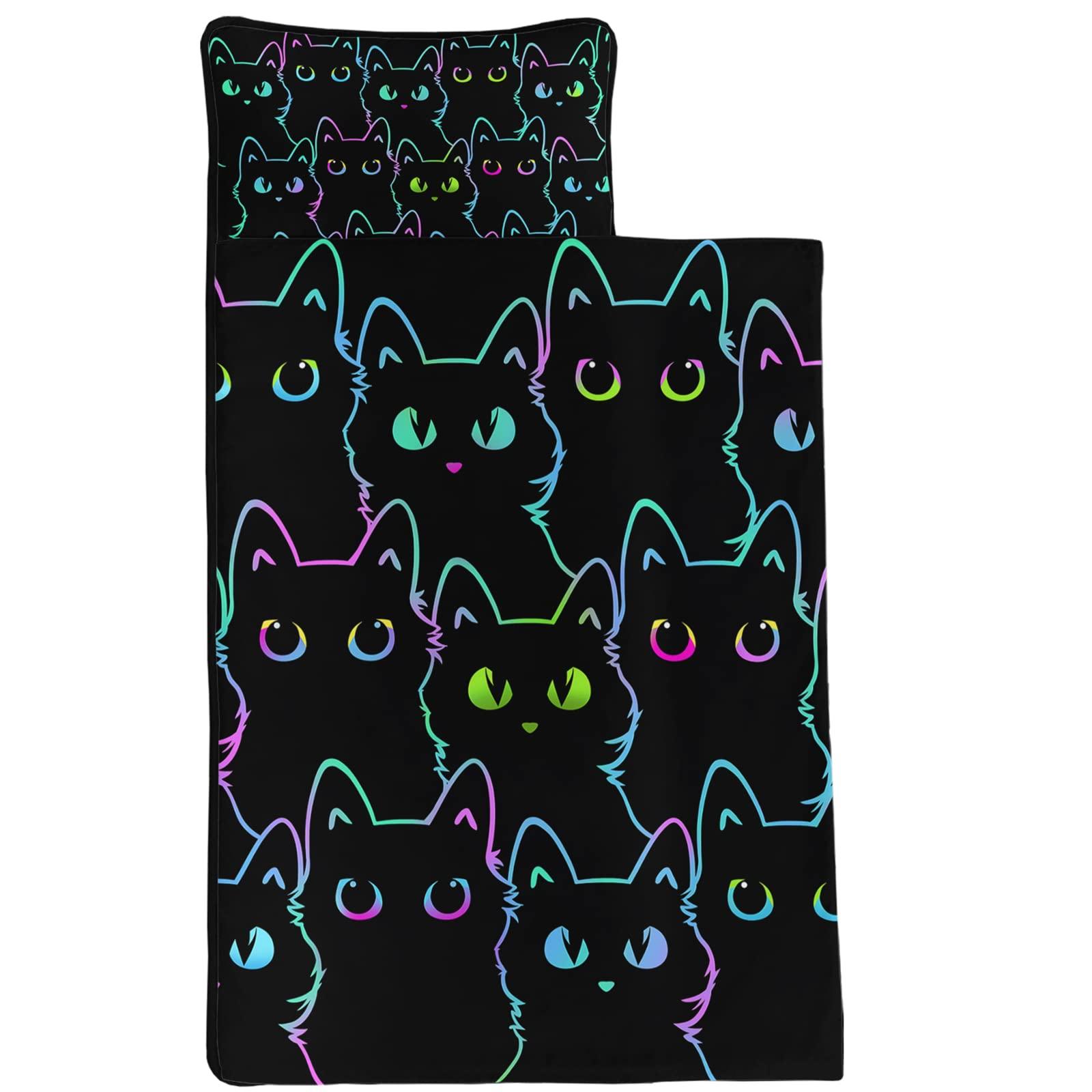 Axolotl Axolotl Neon Cat Nap Mat with Removable Pillow and Lightweight Quilt Cover,Colorful Silhouette Cat Sleeping Mat for Travel,Roll Up Sleeping Bag,Soft Slumber Bag for Boys Girls,Black 60\" L*21\" W