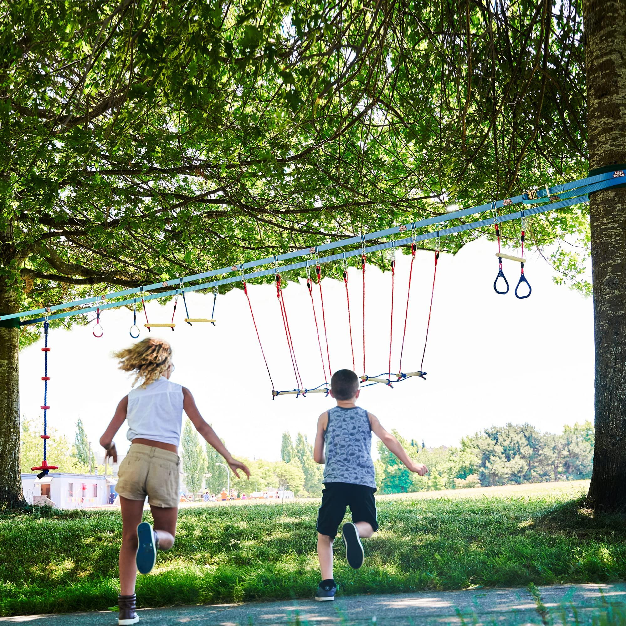 Lily\'s Things Double Ninja Slackline Obstacle Course | 110 Ft | Ninja Warrior Obstacle Course Accessories | Monkey Bars | Climbing Rope | Ninja Rings | Trapeze Swing Bar | Rickety Bridge Edition -Patent Double Line