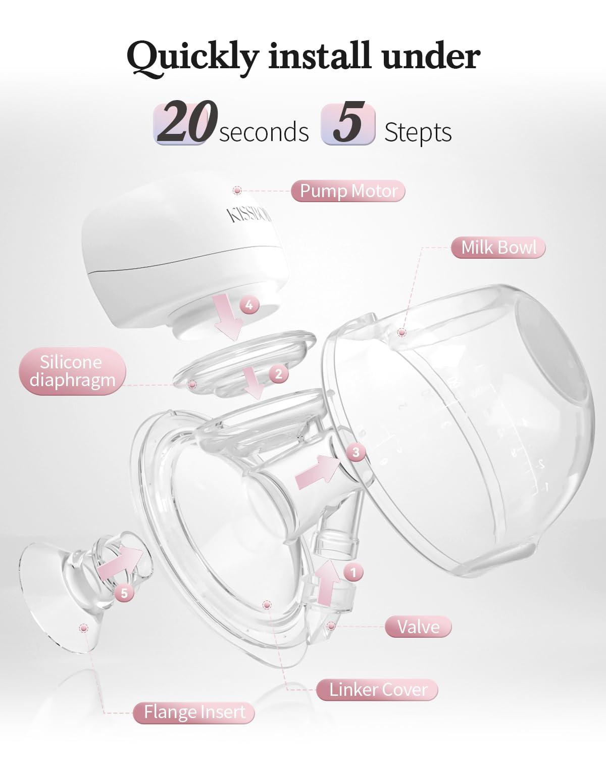 KISSBOBO KISSBOBO ABP-1508 Hands Free Breast Pump Wearable with Storage Bag, Wearable Breastfeeding Pump Strong Suction, Low Noise, 3 Modes 9 Levels, with 21/24mm Insert/Flange, 2 Pack (White)