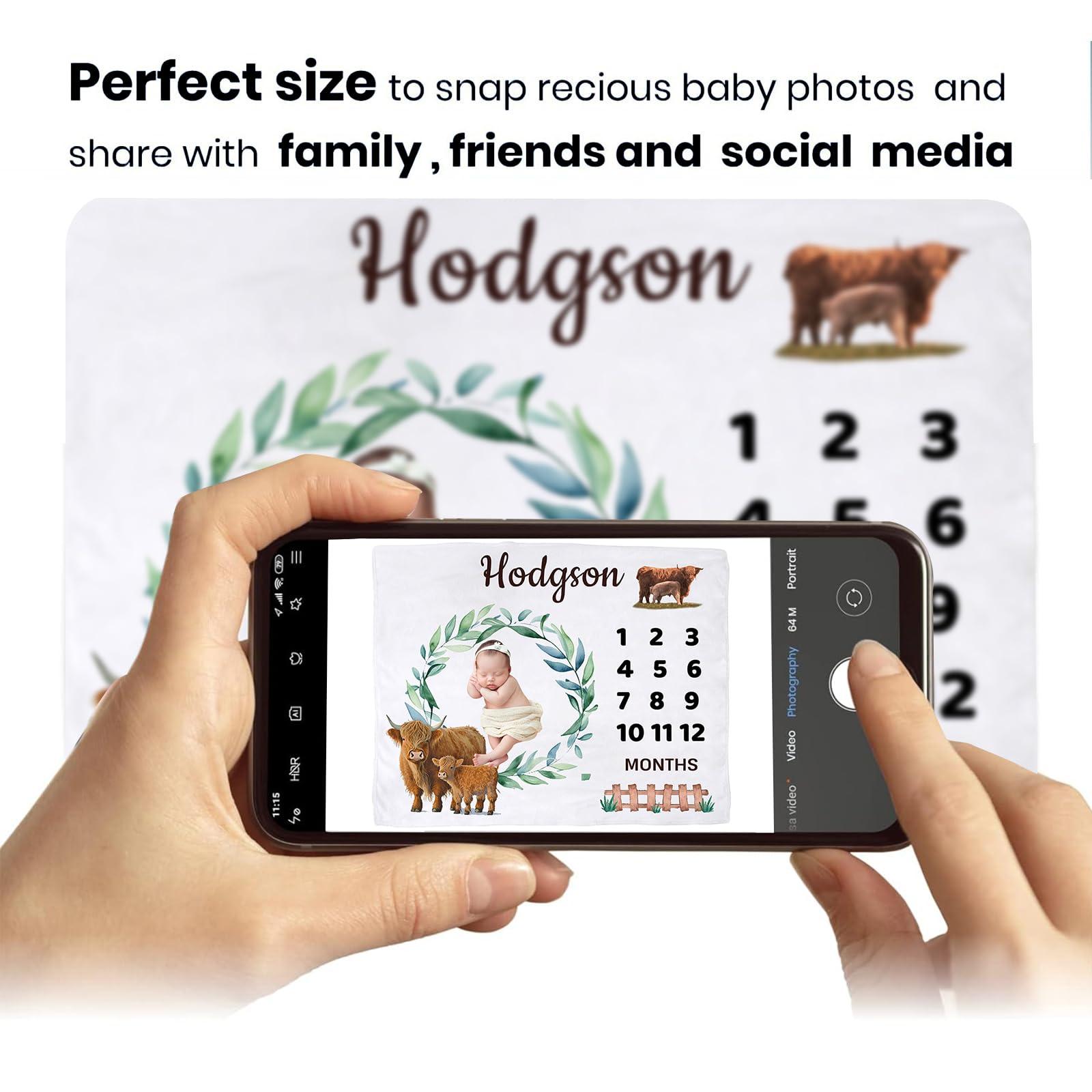 Naseagleeye Personalized Baby Milestone Blanket for Boys, Custom Newborn Baby Boy Blanket with Name, High Land Cow Baby Milestone Monthly Blanket for Shower Gift, Monthly Baby Milestone Blanket