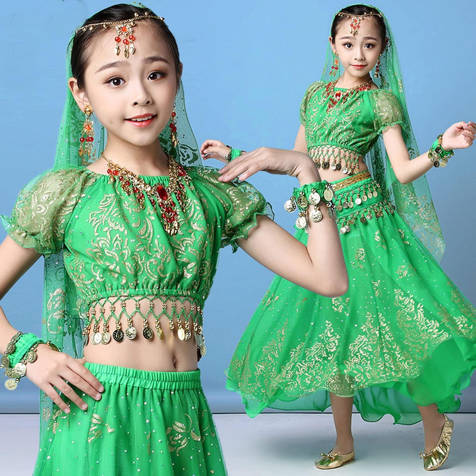 OTMYIGO OTMYIGO 5Pcs/Set Belly Dance Costume Set Oriental Costumes Girl Egypt Bollywood Indian Dancing Clothing India Dresse,Green,S