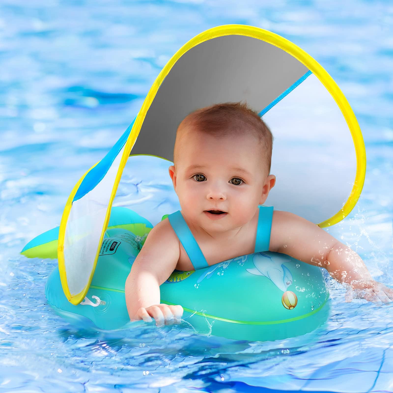 balhvit No Flip Over Baby Pool Float with Canopy UPF50+ Sun Protection, Sponge Safety Support Bottom, Fun Gifts Water Toys Accessories Inflatable Baby Swim Floats for Pool 3-36 Months
