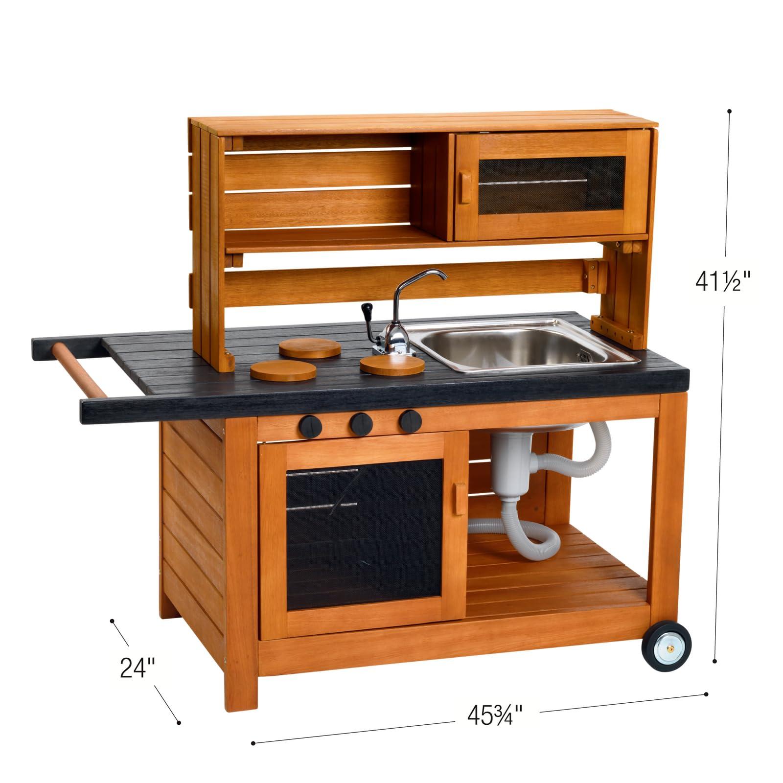 Excellerations Excellerations Indoor-Outdoor Moveable Play Kitchen with Hutch, Sink, and Working Pump Faucet for Preschoolers, Outdoor Learning, Dramatic Play, Cooking Pretend Play