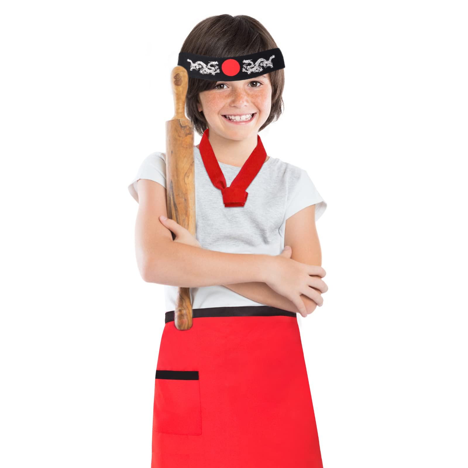 Keymall Keymall Kids Hibachi Chef Hat Teppanyaki Tall Chef Cap With Hachimaki Headband Tie Apron for Hibachi Birthday Party Costume(red)