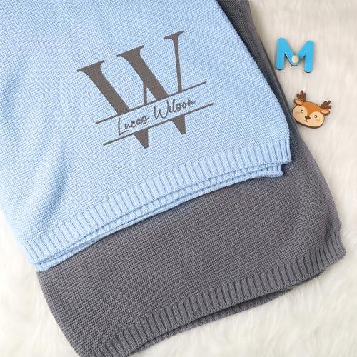 locobird locobird Initials Name Embroidered Baby Blanket, Personalized Baby Blanket for Boys Girls, Custom Baby Name Blankets, Embroidery Blanket, Cotton Knit Blanket for Son Daughter