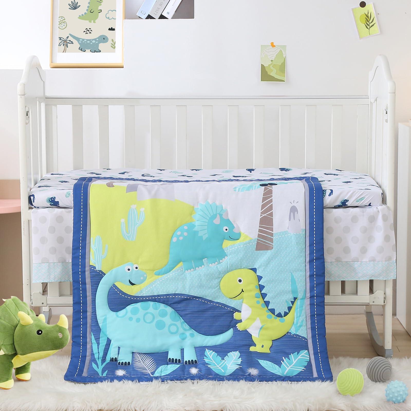 Wowelife Wowelife Dinosaur Mini Crib Bedding Set for Boys Blue Premium 3-Piece Baby Bedding Sheet Set Dinosaurs Nursery Crib Set Crib Comforter Set Breathable and Soft for Baby