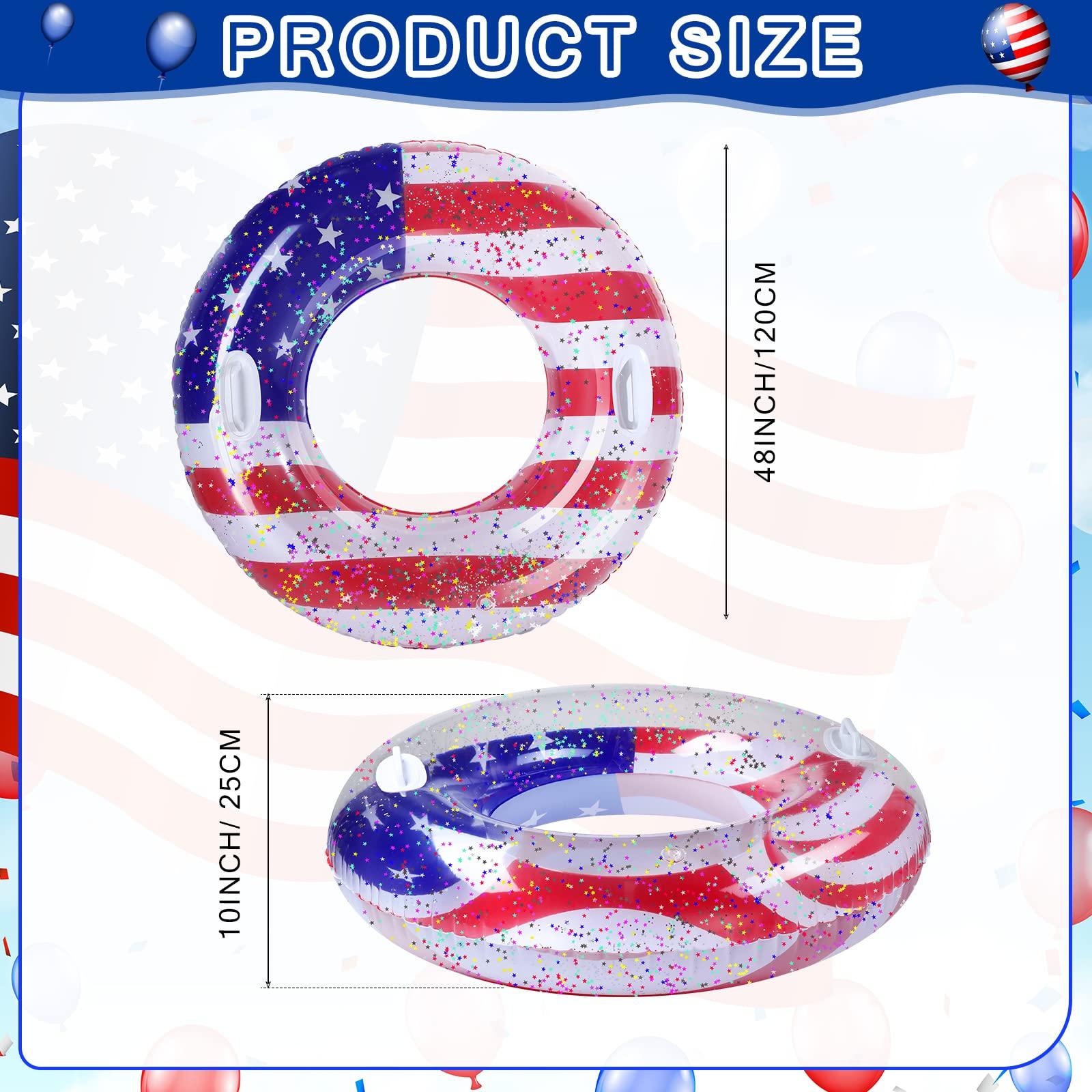 Leitee Leitee 2 Pcs Patriotic Inflatable Pool Float Tube with Handles USA Flag Inflatable Pool Float with Confetti Design Swimming Ring Float Summer Floaties for Adults Kid Beach Party (48 inch)