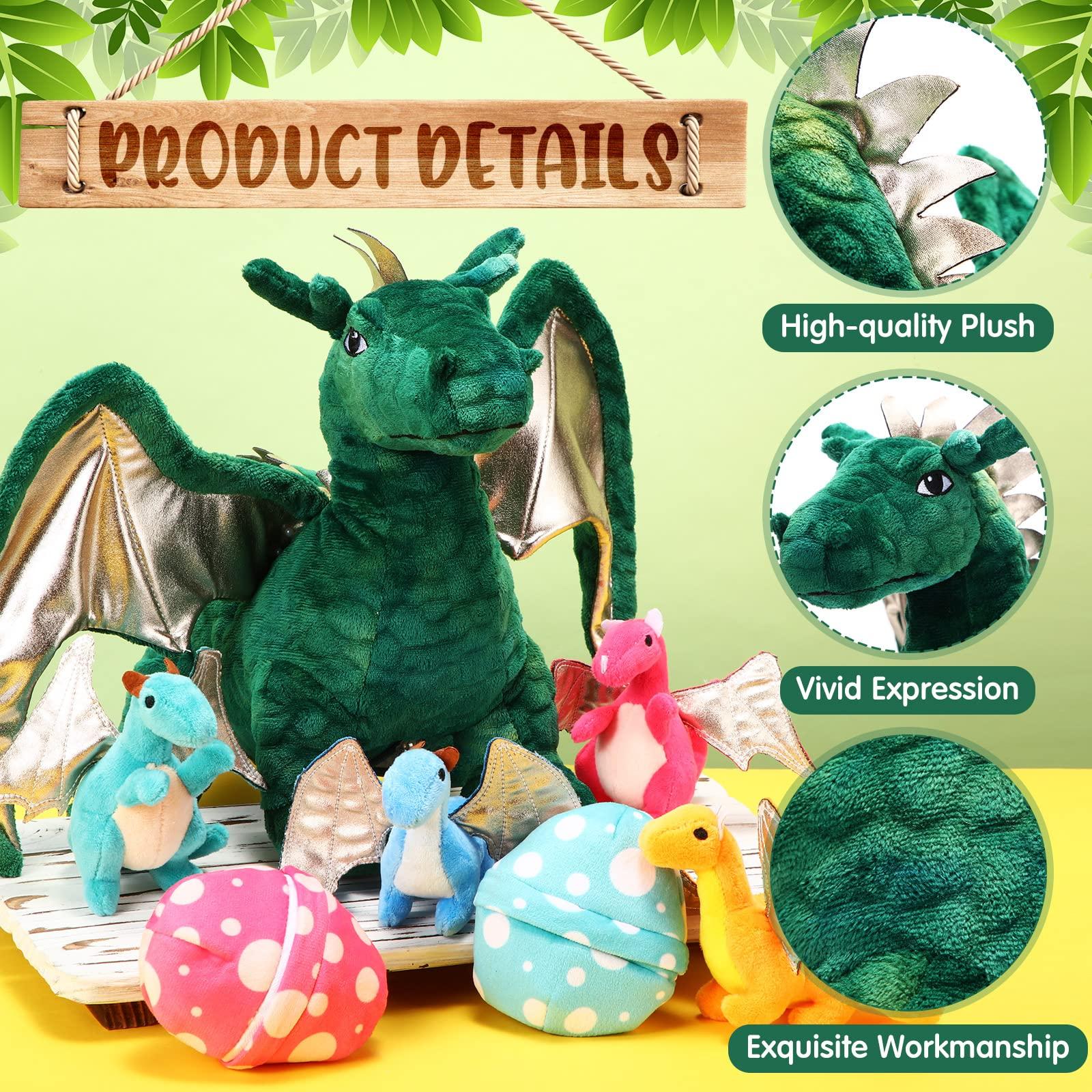Deekin Deekin 7 Pcs Dragon Toy Set 16 Inch Large Dragon Stuffed Animal with 4 Cute Baby Plush Dragons and 2 Eggs in Mommy Dragon\'s Belly Gifts for Christmas Boys Girls Birthday(Cute Style)