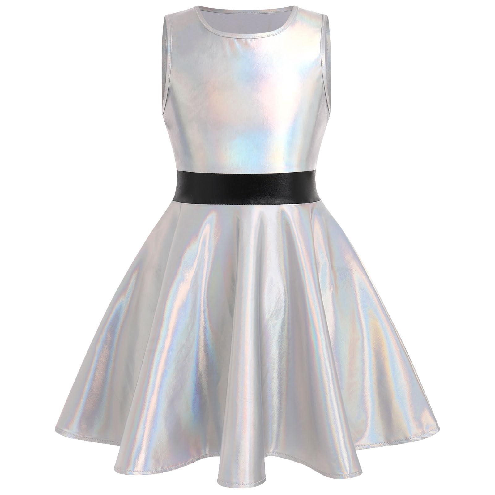 ODIZLI ODIZLI Halloween Costumes for Girls Holographic Dress Sleeveless Skateboarding Metallic Skater Dress 90s Costume Cowgirl 80s Birthday School Music Festivals Alien Costume Toddler Silver 3-4 Years
