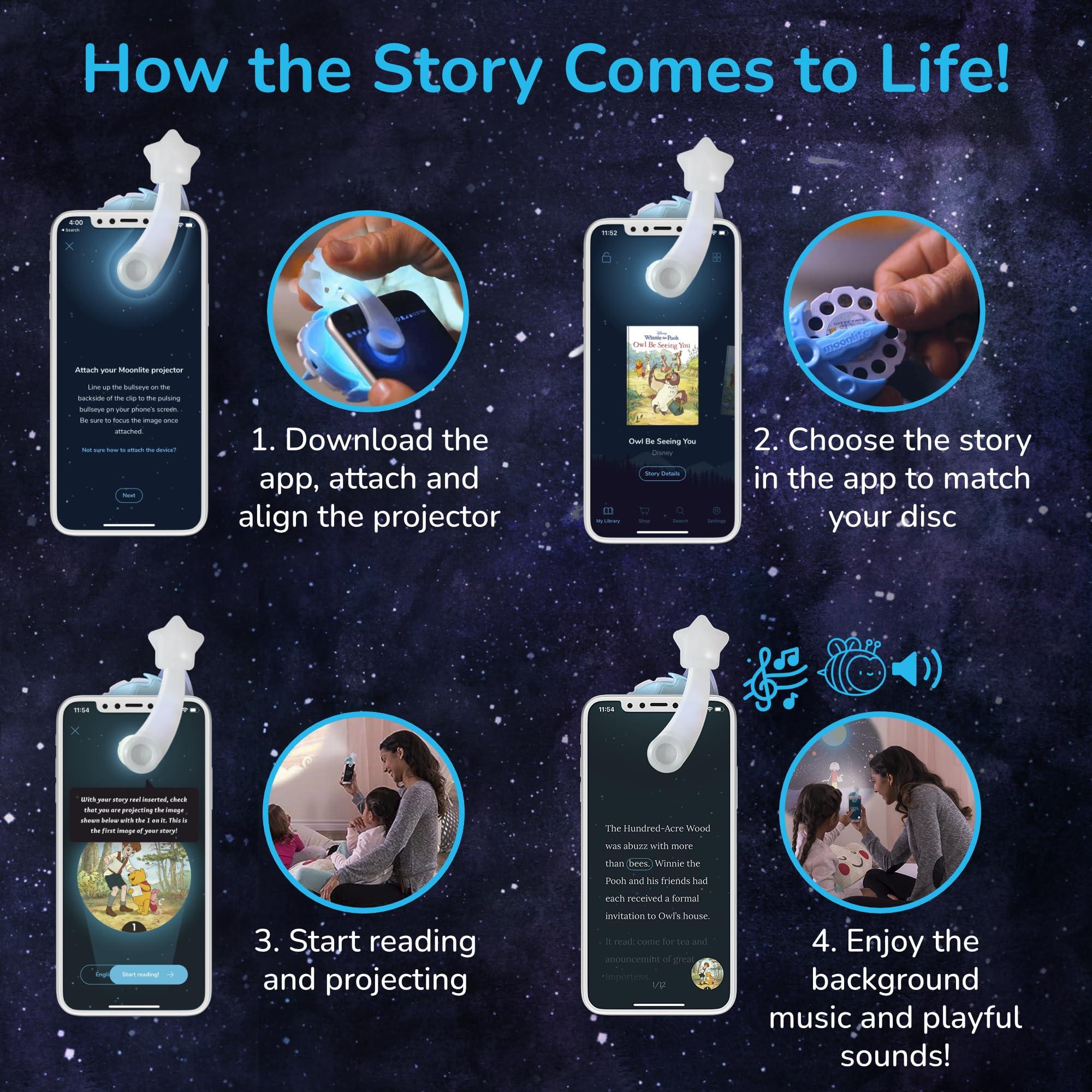 Moonlite Moonlite Storytime Mini Projector with 4 Classic Stories, A Magical Way to Read, Digital Storybooks, Corduroy, Llama Llama, Diggersaurs, and The Little Engine That Could