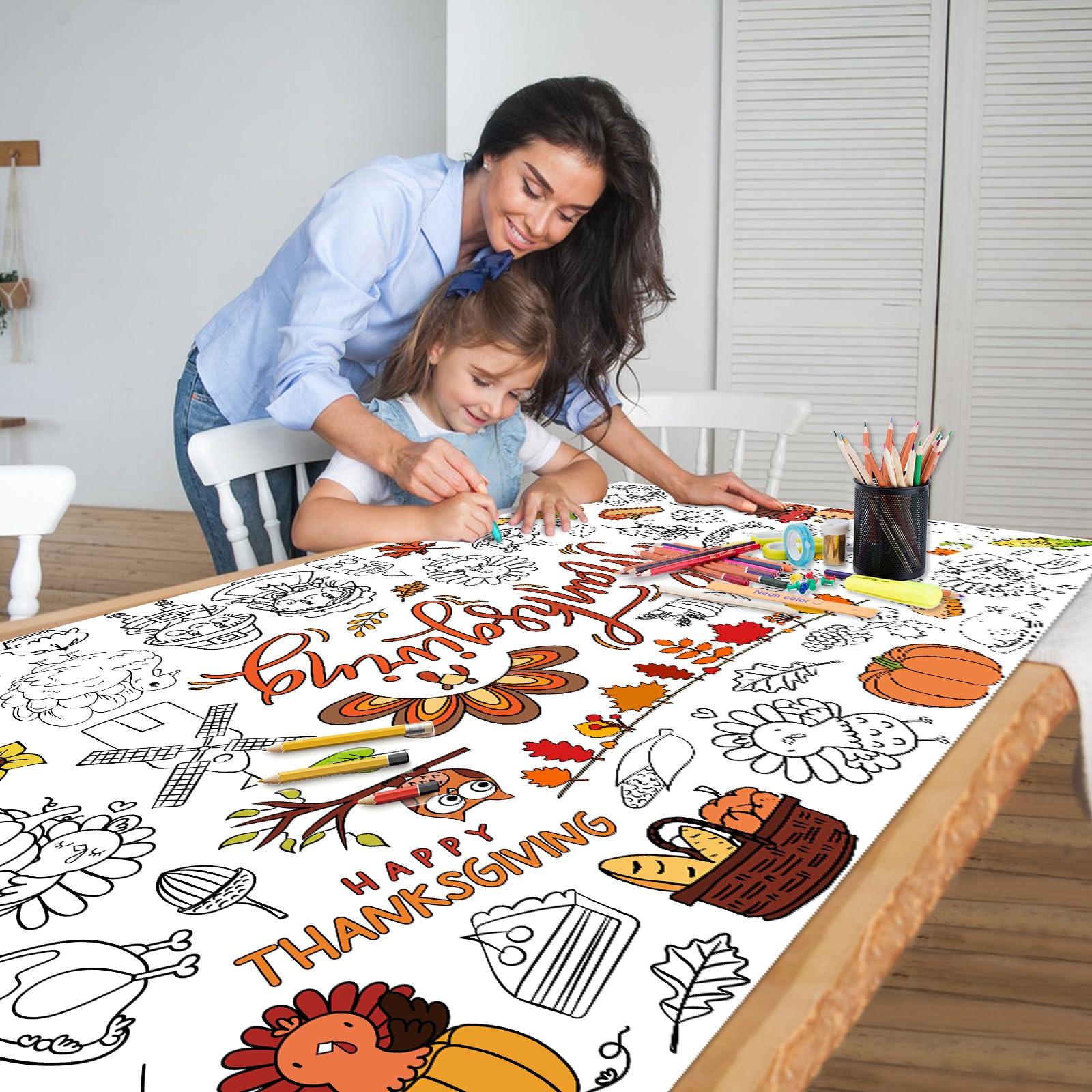 FATHER.SON FATHER.SON Thanksgiving Coloring Tablecloth for Kids, 47 x 70 inch Fall Paper Table Cover Decorations for Turkey-Themed Thanksgiving Day Party, Fall School Party Decor