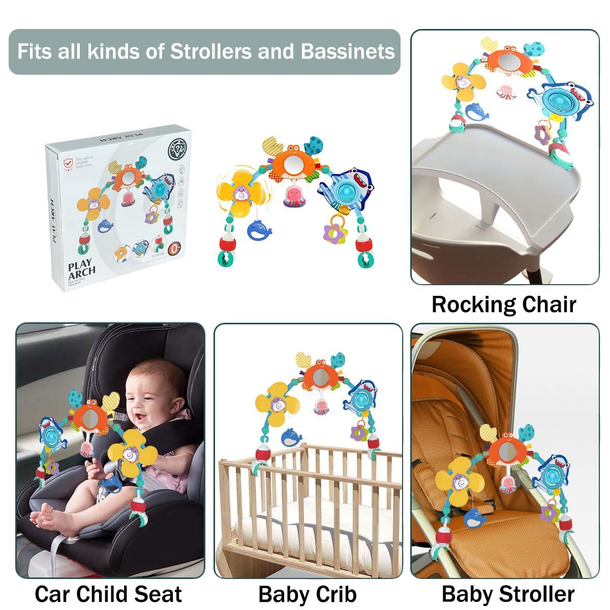 BARMACO Baby Stroller Arch Toy, Infant Car Seat Toys with Play Accessories, Newborn Foldable Activity Crib Toys, Sensory Travel Mobile Animal Bassinet Toys for Toddler Boys Girls, Adjustable Hanging Toys