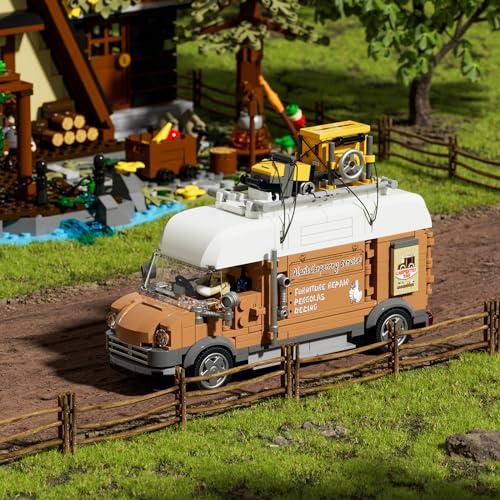 FUNWHOLE FUNWHOLE Carpentry Van Lighting Building-Bricks Set - Farm Woodworker Car Collectible Display Set 496 Pcs for Adults and Teen