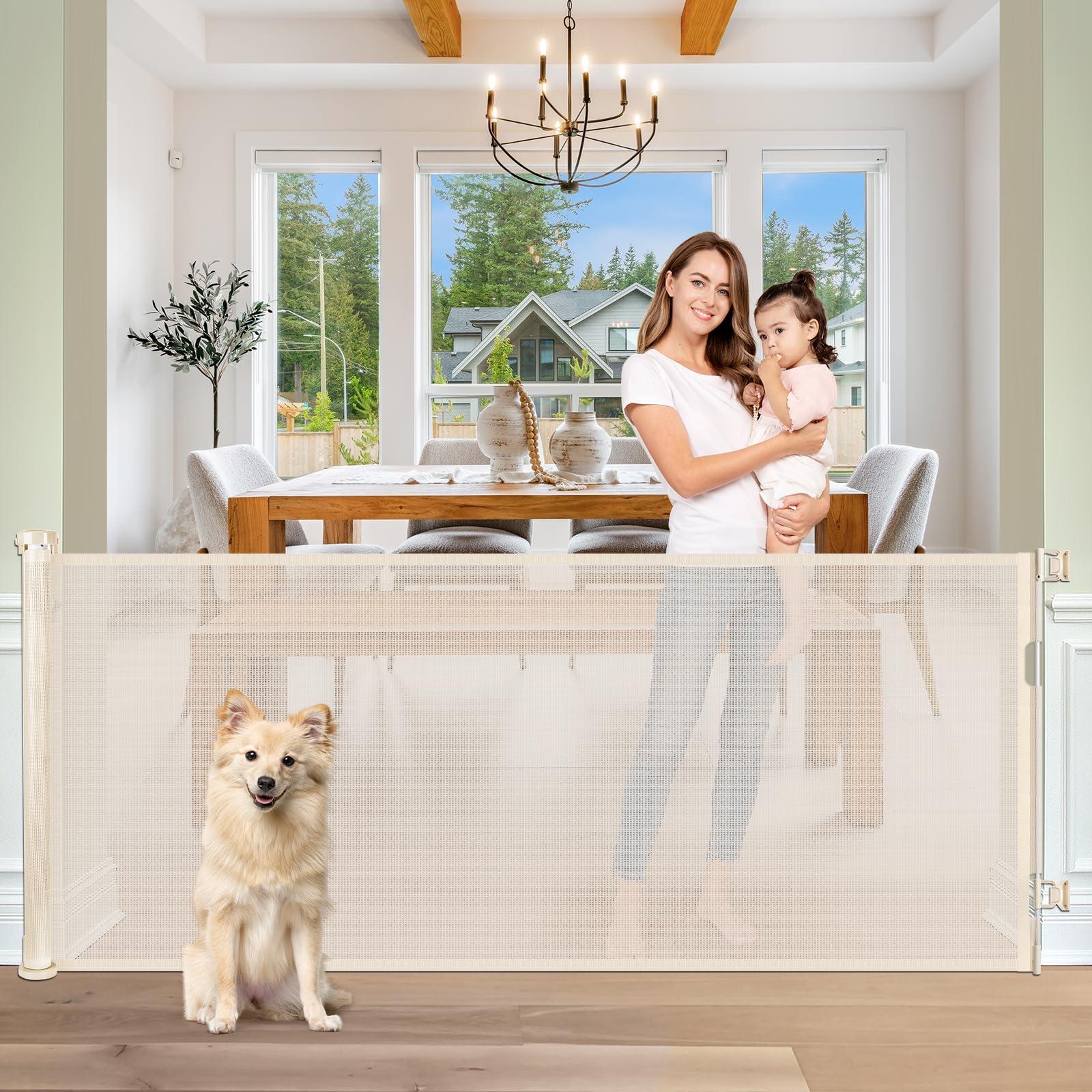 KISKIZ 65 Inch Wide Retractable Baby Gates for Doorways Retractable Dog Gate for Stairs, Indoor Mesh Baby Gate Retractable Gate Outdoor Tall Baby Gates for Dogs, Baby Barrier Retractable Safety Gate, Beige