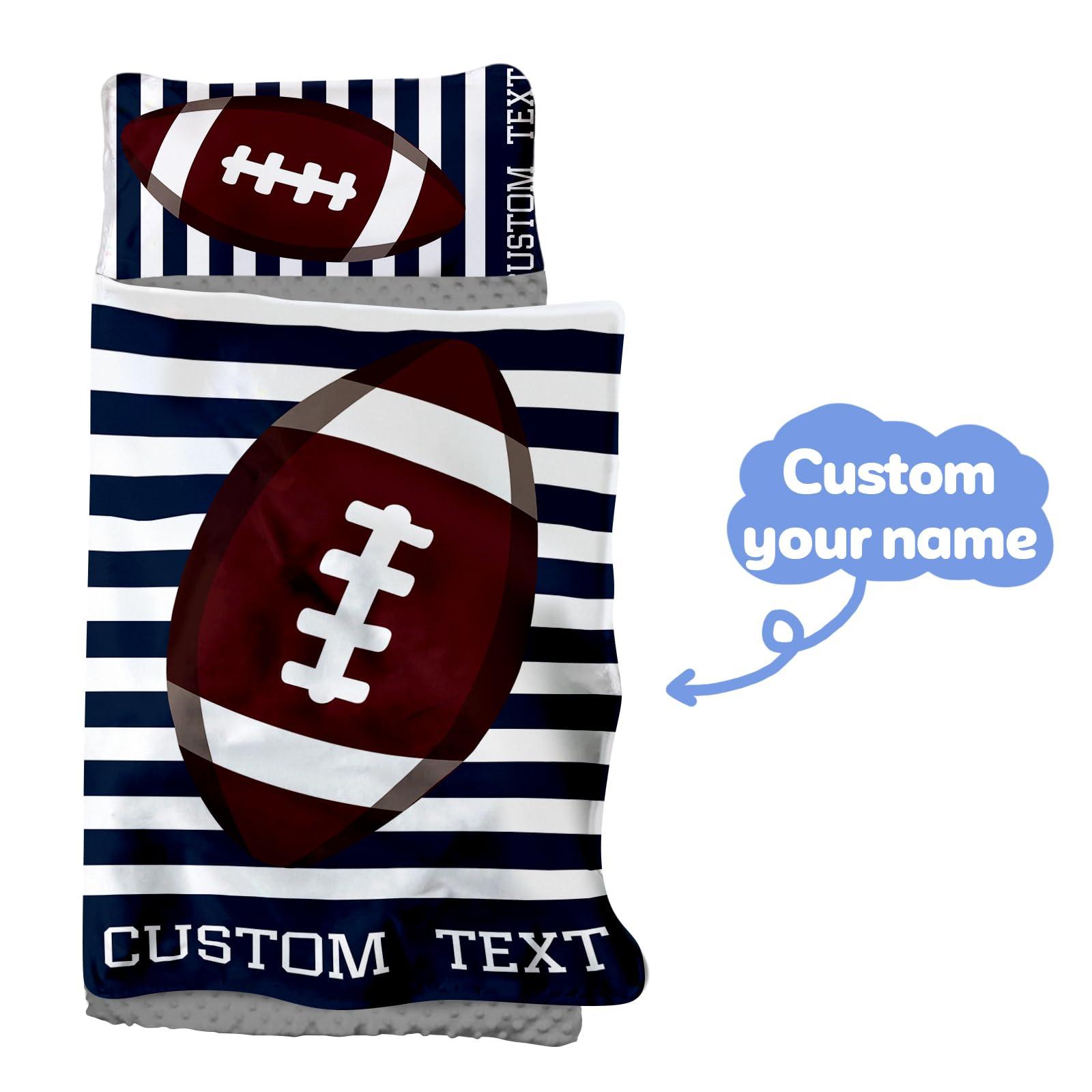Evulum Custom Toddler Nap Mat for Daycare Sleeping Bag for Boys, Kids Nap Mats with Pillow Blanket for Preschool Kindergarten, Personalized Name Easy Carry Nap Sack Navy Stripe Football