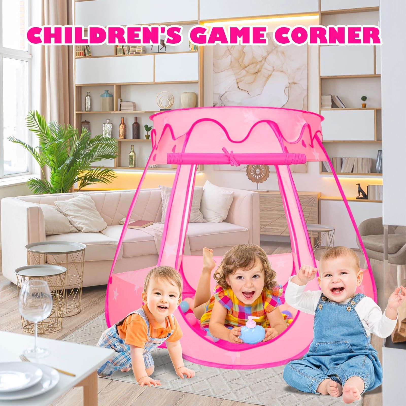 Volscity Pop Up Princess Tent with 50 Balls,Ball Pit with Star Lights for 1 2 3 Year Old Girl Birthday Gift,Princess Toys for Toddlers with Carrying Bag,Play Tent for Kids Indoor|Outdoor