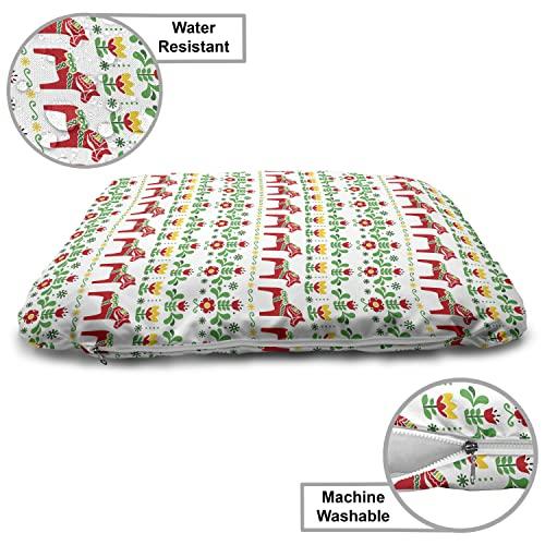 Ambesonne Ambesonne Folk Art Wooden Dog House, Scandinavian Themed Pattern of Swedish Dala Horse and Flowers, Indoor & Outdoor Portable Dog Kennel with Pillow & Cover, 2X-Large, Green Vermilion