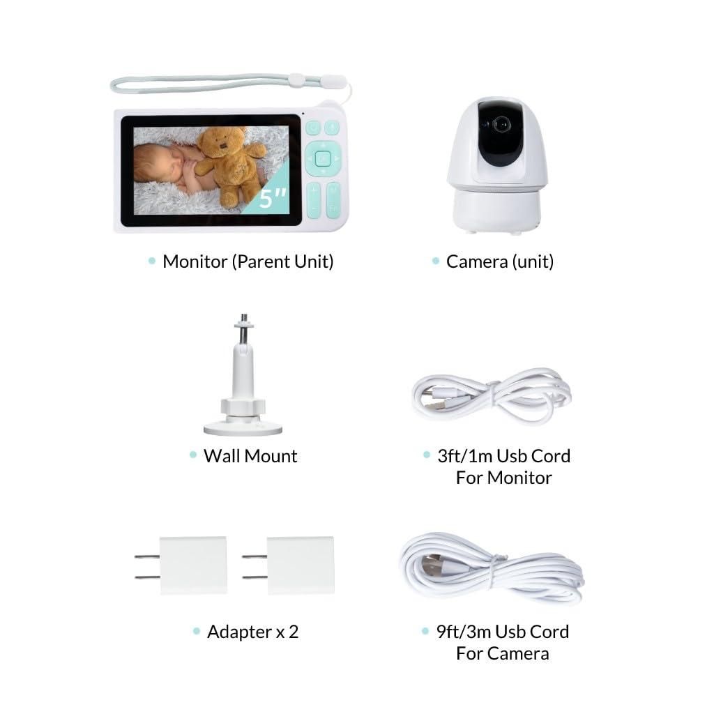Cyanpink Video Baby Monitor, 2000ft Long Range, Enhanced Signal Stability, No WiFi, 5" HD Screen, 5000mAh, 1080p Camera, Super Clear Night Vision, Pan-Tilt-Zoom, 2-Way Audio, AI Cry & Motion Alarm
