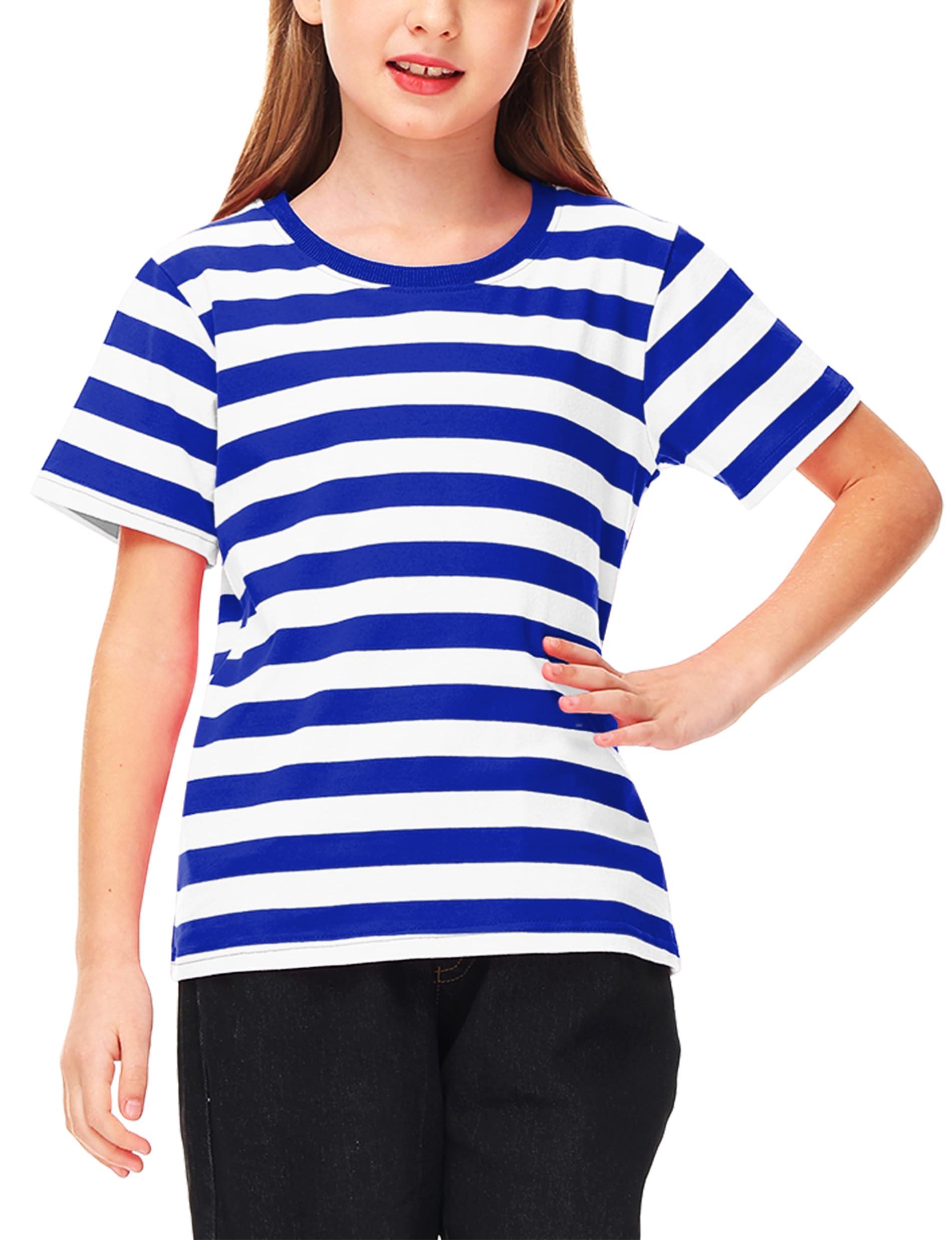 Deerose Kids Halloween Sailor Pirate Costume Blue White Striped Shirt Short Sleeve Boys Summer Tee Top 11-12 Years