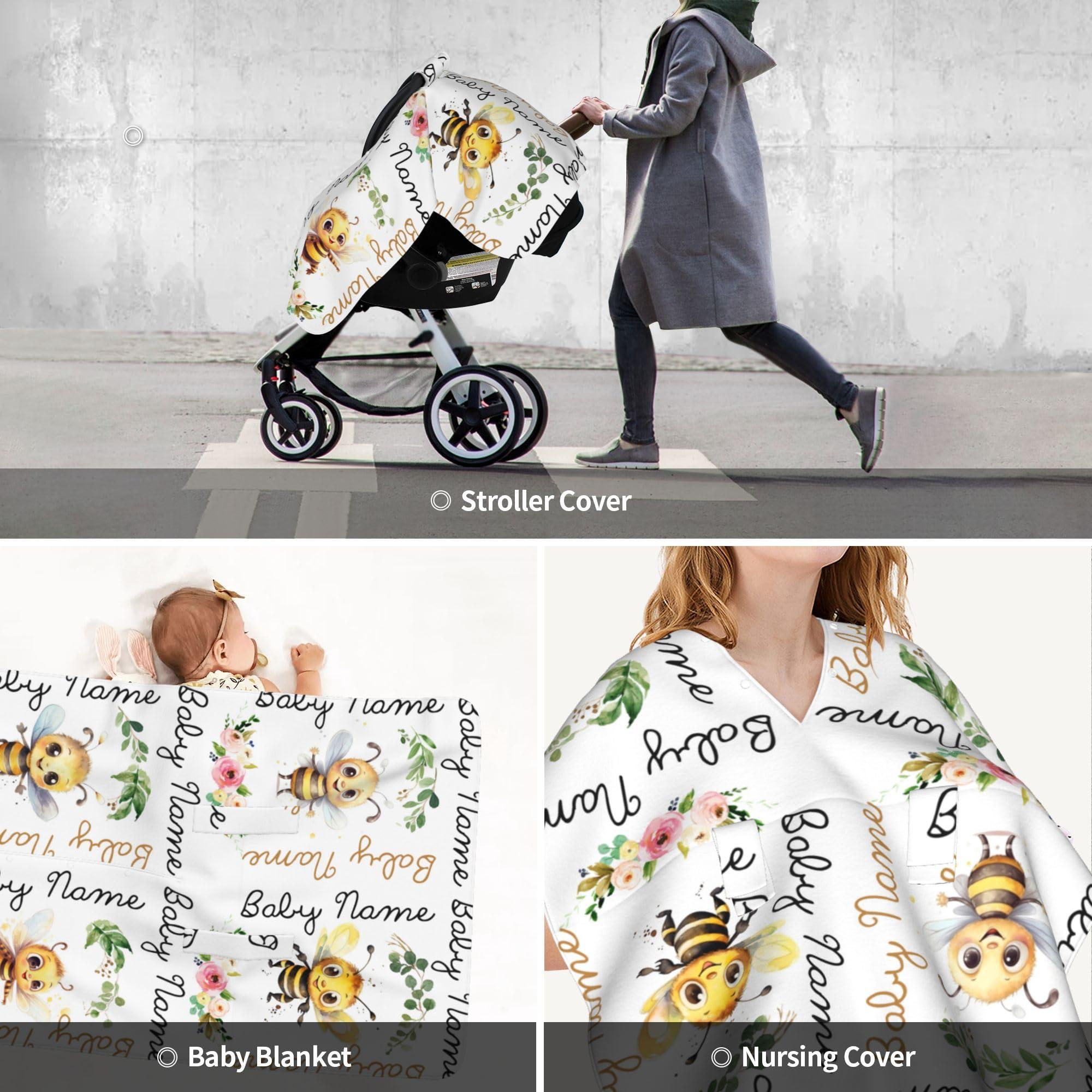 Novusopt Custom Baby Car Seat Covers with Name Personalized Car Seat Canopy Covers for Newborn Honey Bee Nursing Breastfeeding Cover Infant CarSeat Canopies for Babies Minky Baby Blanket