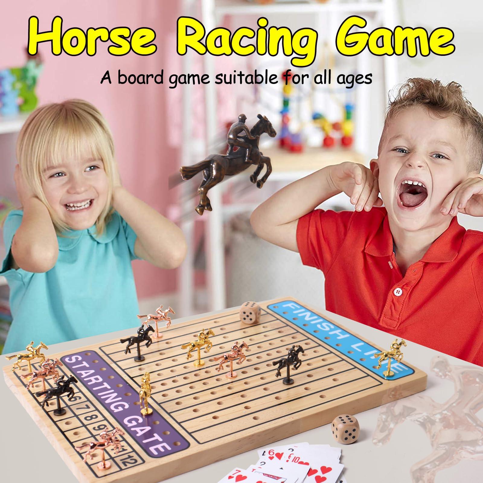 BESTAMTOY Horse Race Board Game Racing Game Thickened Solid Wood 11 Luxurious Durable Classic Metal Horses with 2 Dice and 1 Boxes of Cards Horse Racing Game