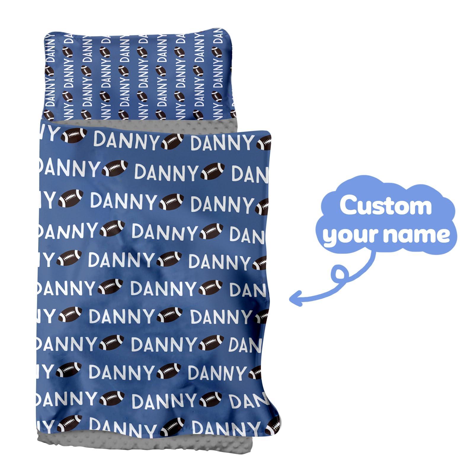 Evulum Custom Toddler Nap Mat for Daycare Sleeping Bag for Boys, Kids Nap Mats with Pillow Blanket for Preschool Kindergarten, Personalized Name Easy Carry Nap Sack Blue Football