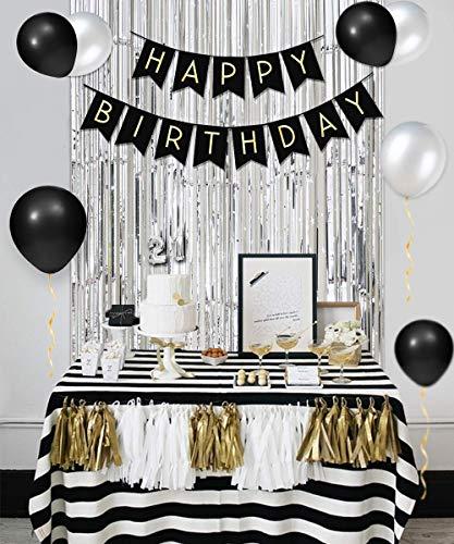 JOYMEMO 21st Birthday Decorations for Him Her Silver and Black with Happy Birthday Banner, Finally 21 Sash, 21st Birthday Cake Topper, Number 21 Foil Balloon,Foil Curtain, Finally Legal 21st Birthday Party