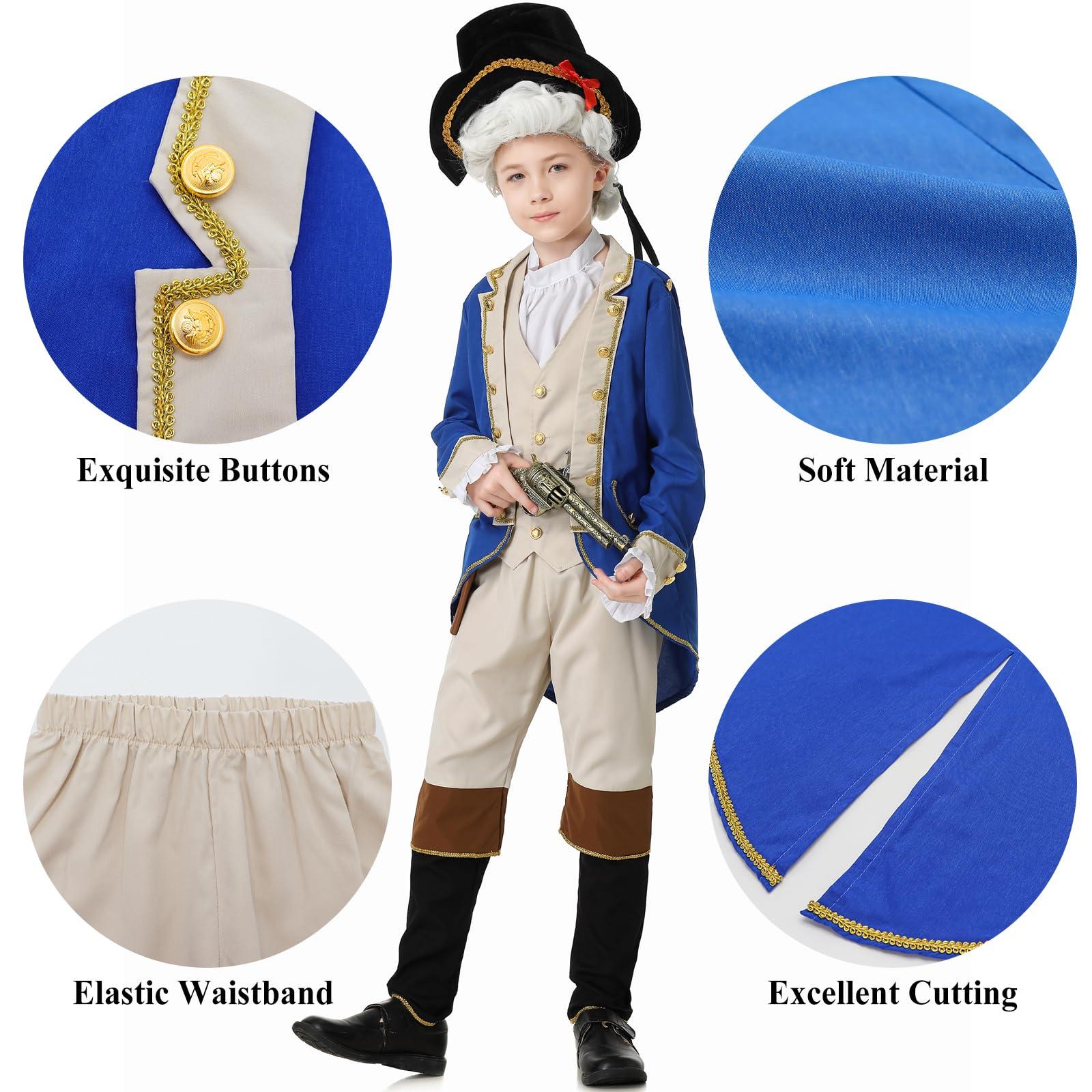 aicoaub aicoaub George Washington Costume Boys Colonial Patriot Revolutionary War Founding Father Hamilton Costume Kids Boys