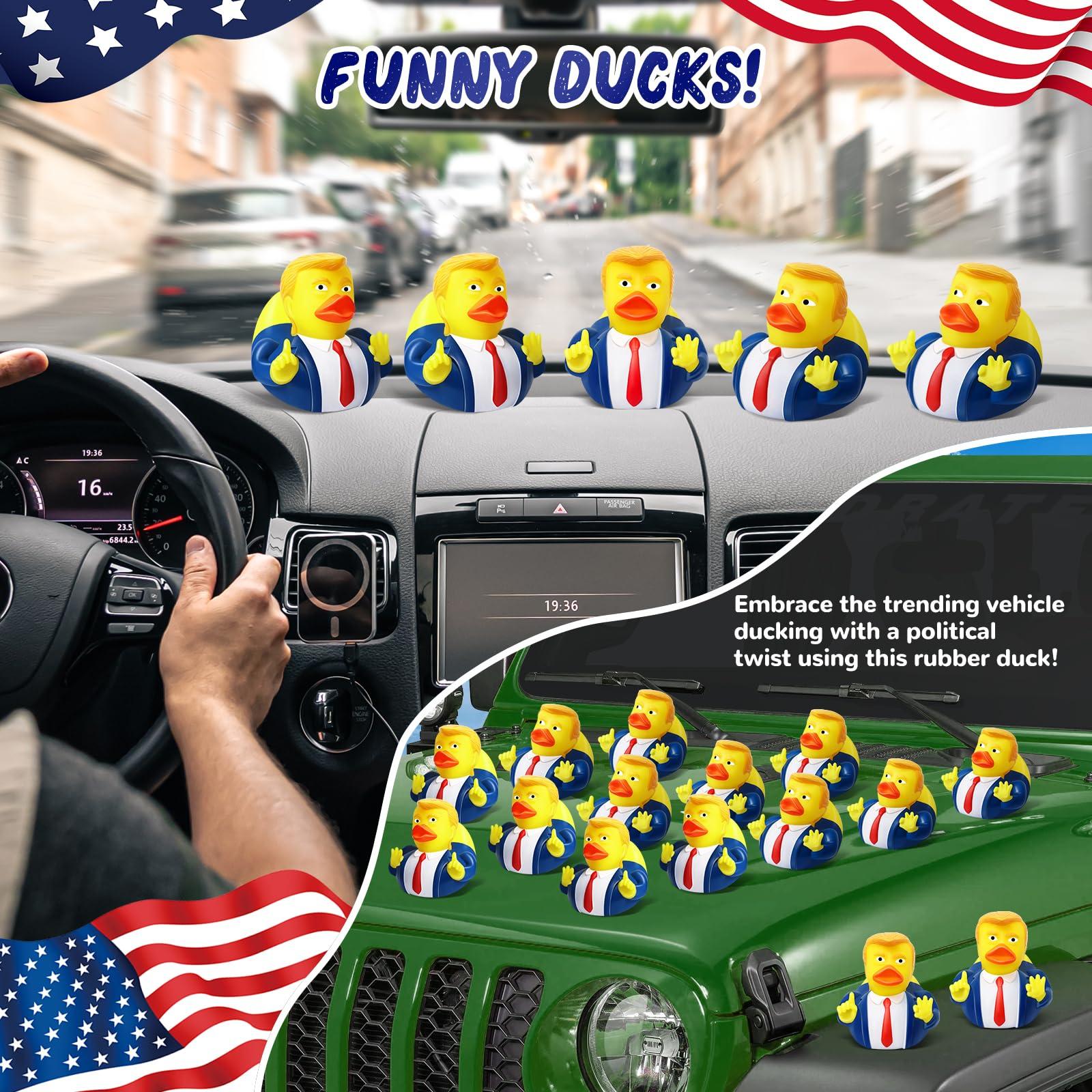 EYKOOW 24 Pcs Donald Trump Rubber Ducks with Card, Update Trump Ducks for Jeeps for President, Jeep Duck Baby Bath Toy with Trump Theme, Trump Valentines Day Gifts for Kids Adults Car Dashboard Decorations