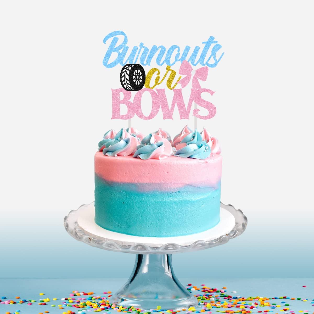 Balterever Burnouts or Bows Gender Reveal Decorations Bunting He or She Blue Pink Banner Cake Topper for Baby Shower or Pregnancy Announcement