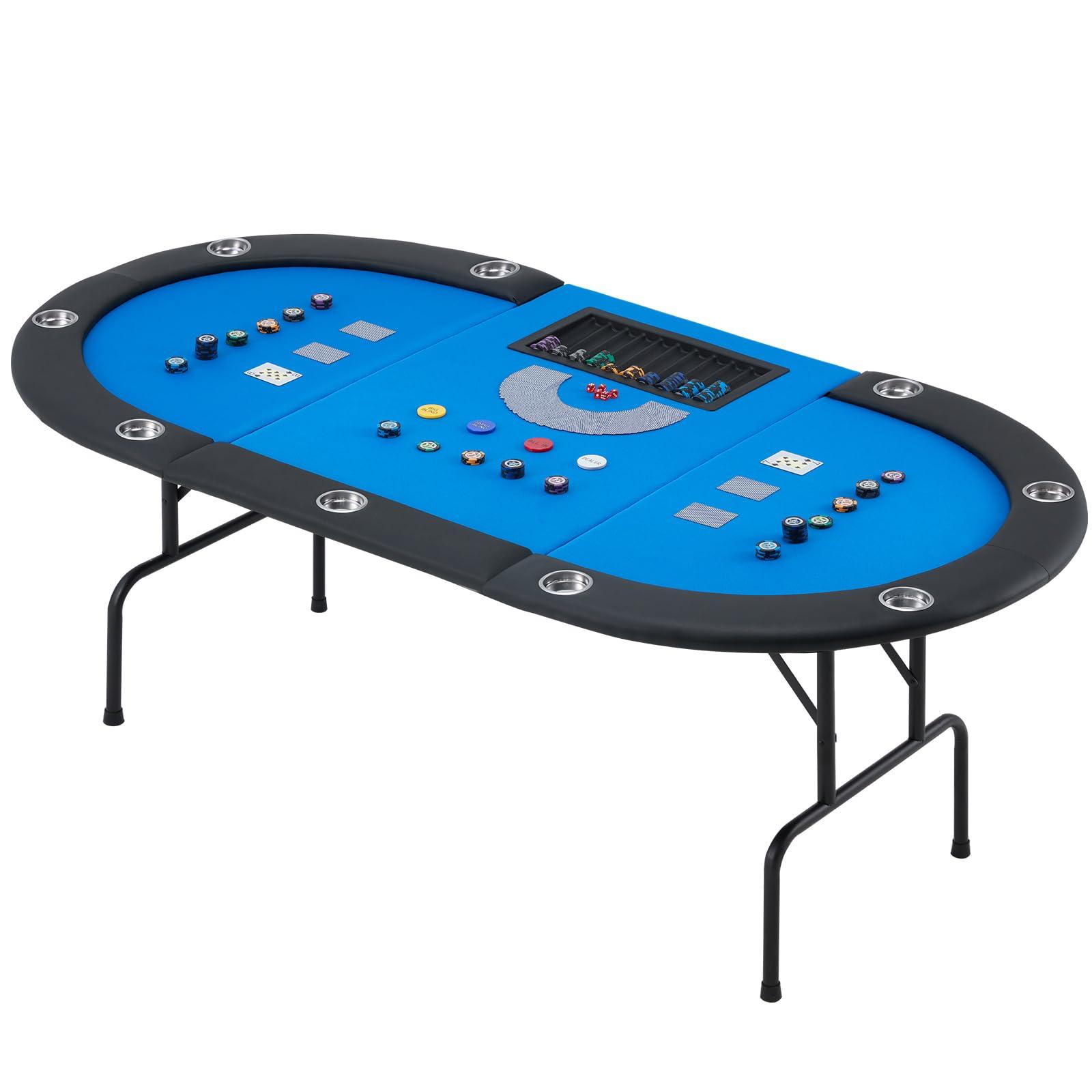 ECOTOUGE ECOTOUGE Poker Table w/Stainless Steel Cup Holder Casino Leisure Table, Top Texas Hold'em Poker Table w/Leg (Blue, Oval)