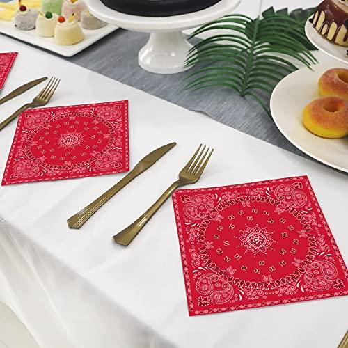 OXYLIPO 40Pcs Red Bandana Western Party Napkins 3 Ply Red bandanas Paisley Print Lunch Dinner Disposable Paper Napkin Set for Western Cowboy Birthday Party Supplies Tableware