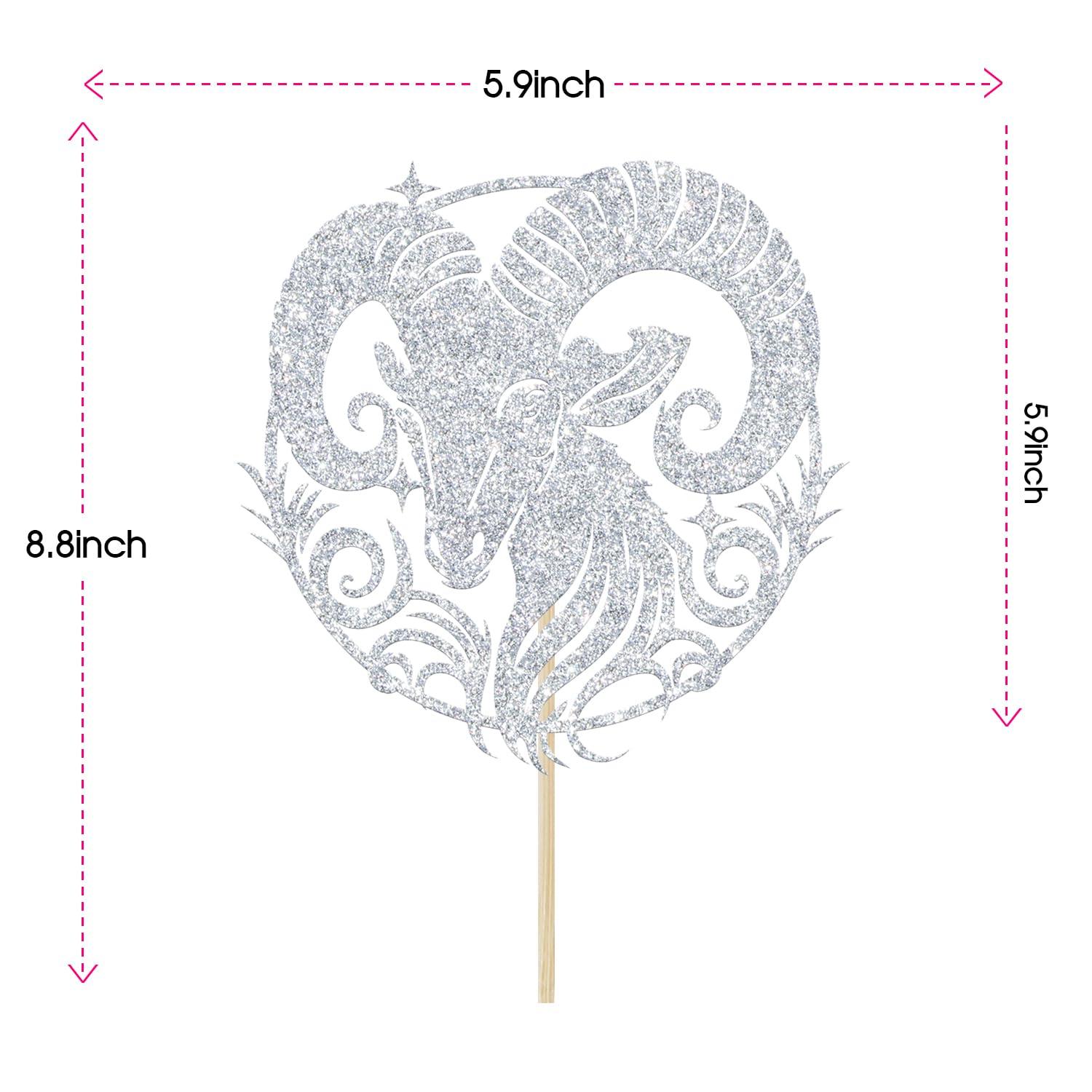 GREABRRY Aries Cake Topper, Aries Birthday Cake Decor, Aries Season Decorations, Zodiac Party Decor, Horoscope Birthday Party Decorations (Silver Glitter)