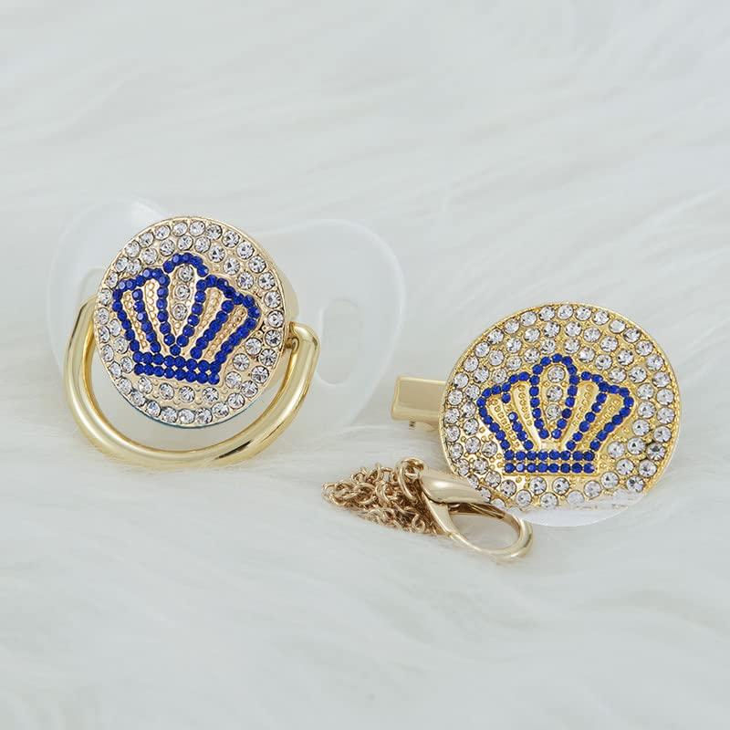 MIYOCAR MIyocar Handmade Bling Baby Gold Blue Crown Pacifier and Clip Set Unique Gift for Baby Shower