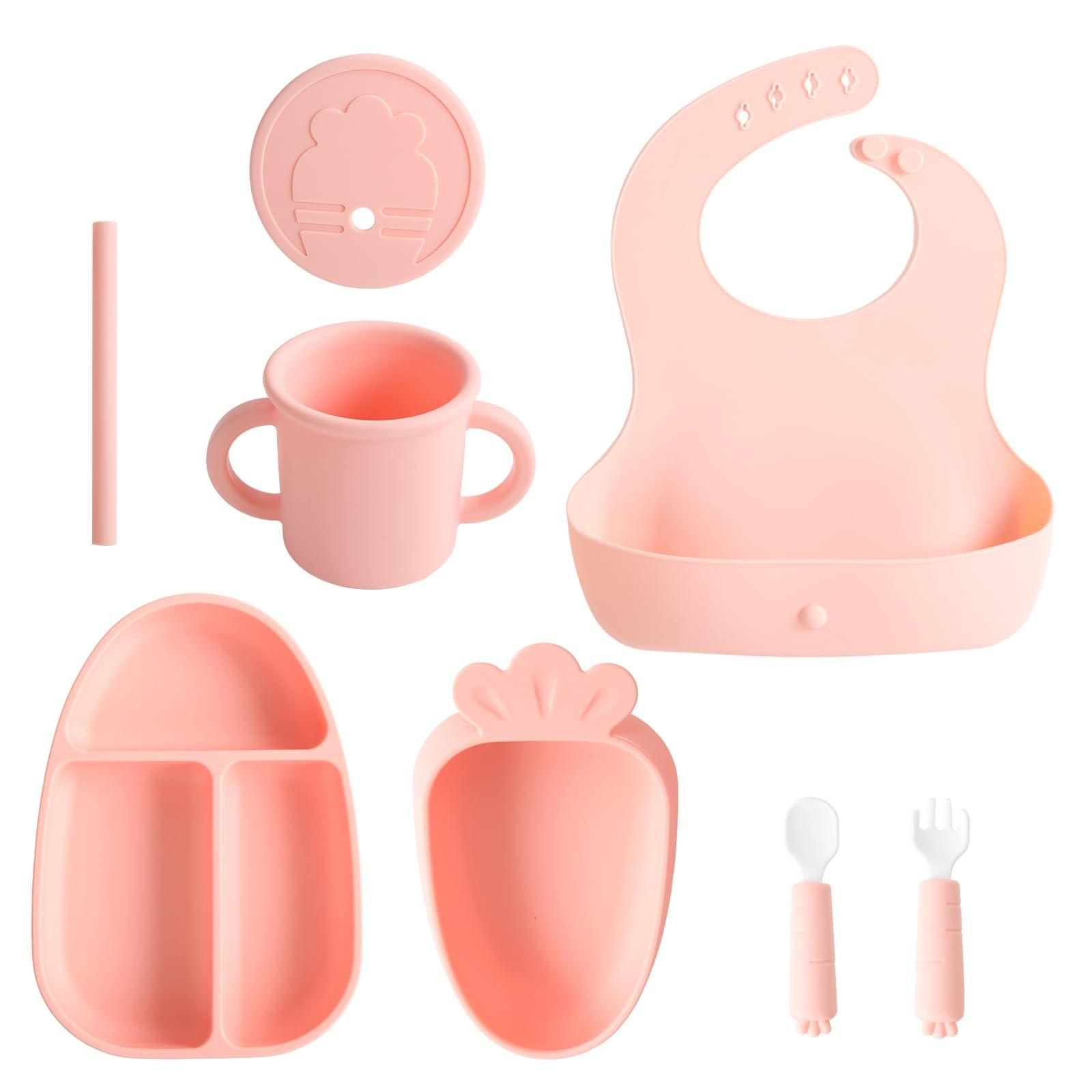EuChoiz EuChoiz Silicone Baby Feeding Set, Baby Led Weaning Supplies with Suction Bowl Divided Plate, Toddler Self Feeding Dish Set with Bib and Plate, Spoon and Fork, Sippy Cup and Lid Cute Carrot Pink