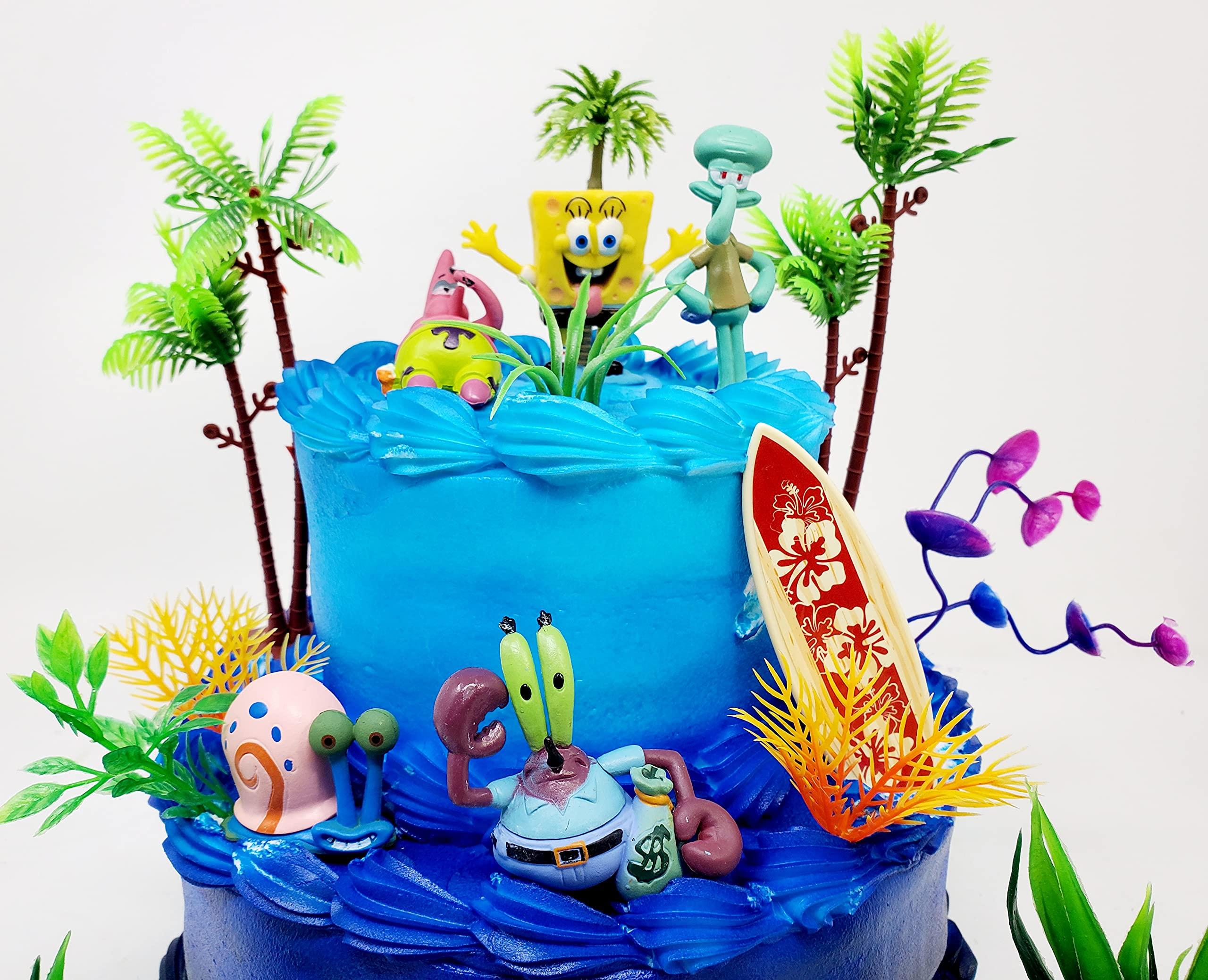 Birthday Celebrations Spongebob Squarepants Cake Topper with Random Character Figures and Decorative Accessories (Unique Design)