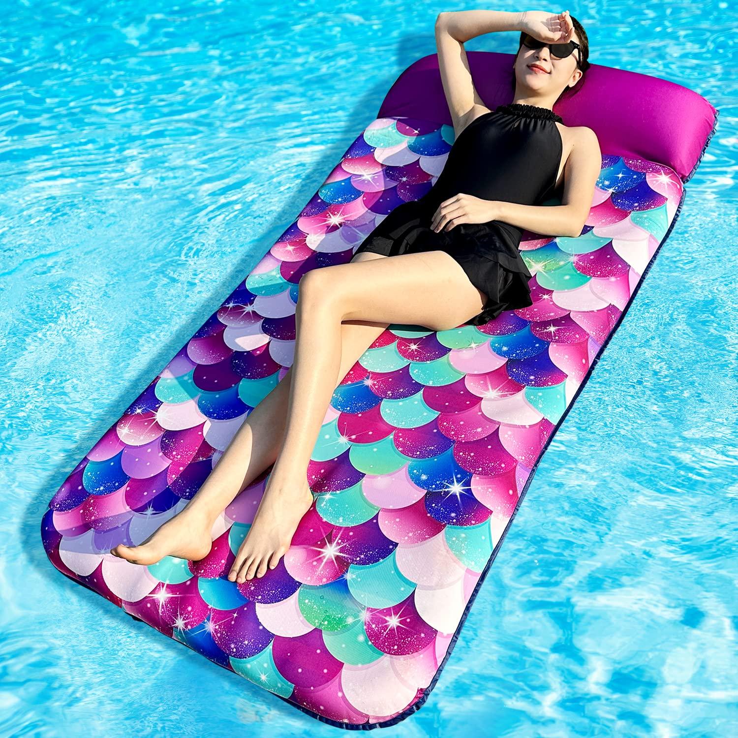 PARENTSWELL PARENTSWELL Inflatable Mermaid Scales Pool Floats, 72" X-Large Fabric Covered Pool Float with Headrest, Pool Lounge Floaties for Adults, Summer Pool Party Decorations Supplies