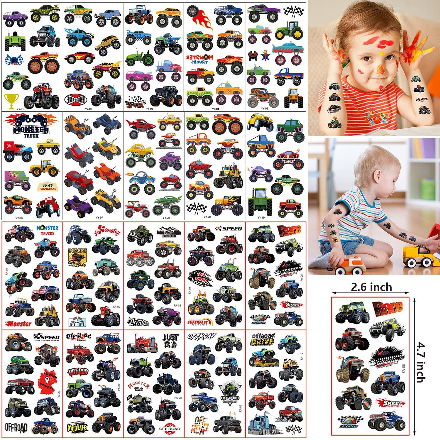 JHGKHH 20 Sheets Monster Truck Temporary Tattoos for Kids, Monster Truck Party Supplies Decorations Cool Car Fake Tattoos Sticker Monster Truck Party Favors for Kids Boys Girls Teens Party Game Gifts