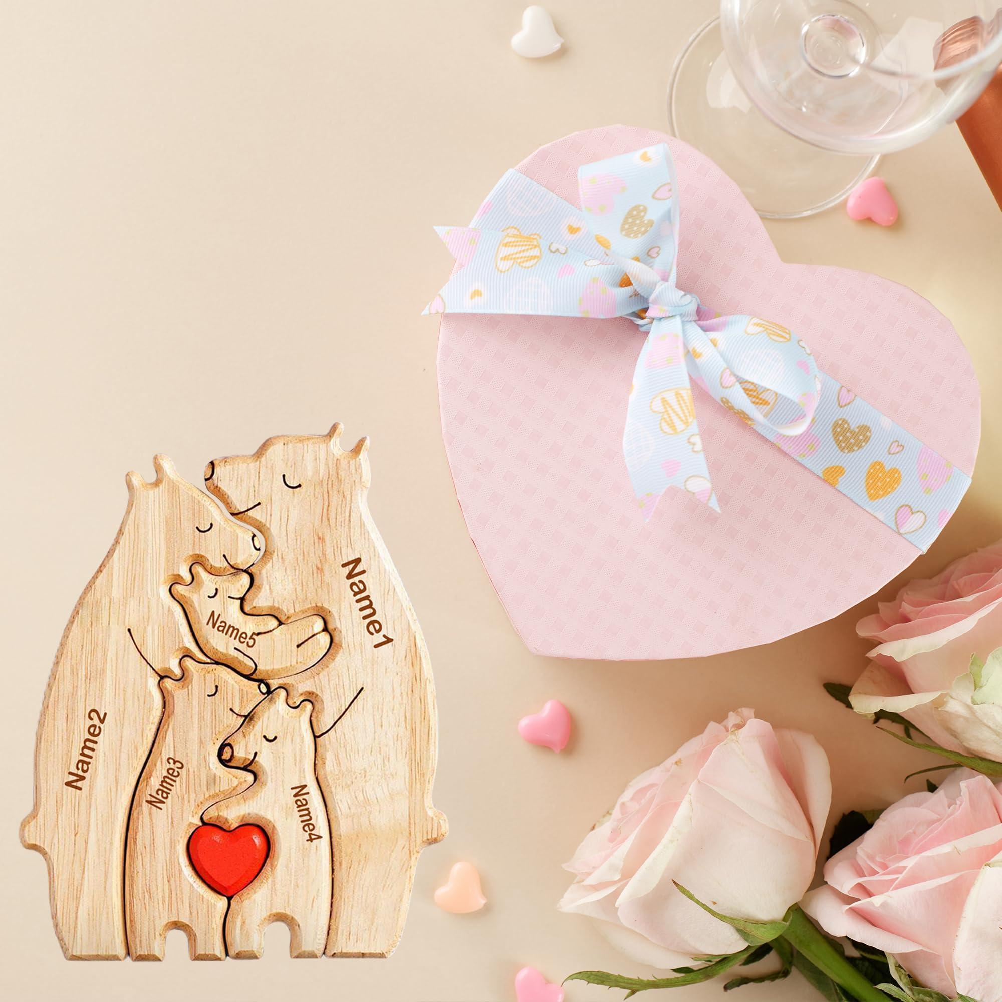 WHIMCHOIT Personalized Wooden Bear Puzzle with 3-5 Family Name Custom Family Name Sculpture Customized Family Name Sign Gifts Wooden Animal Family Puzzle for Home Decor and Anniversary Birthday Mom Dad Gifts