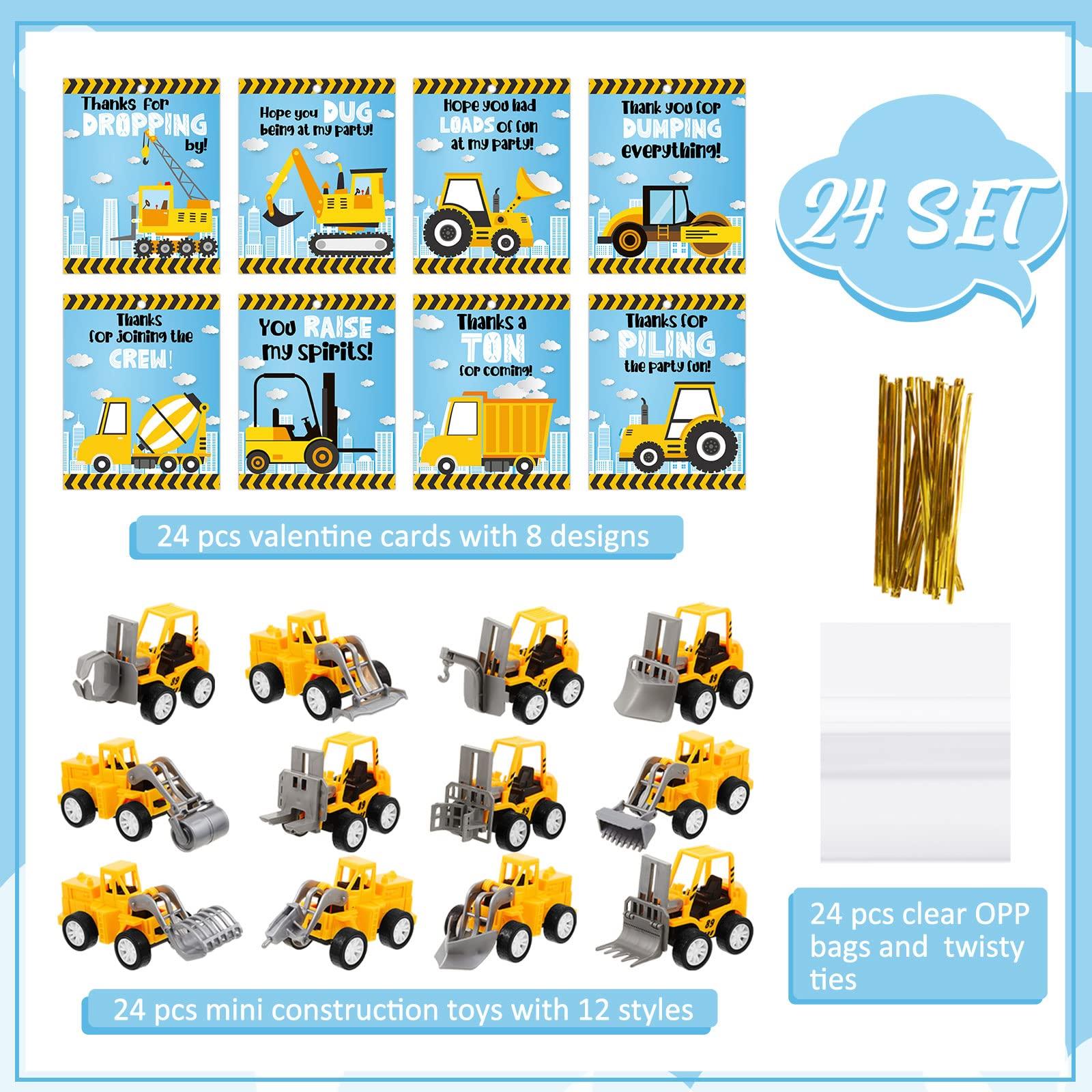 Meooeck Meooeck 24 Sets Mini Construction Vehicles with Gifts Cards and Bags Construction Pull Back Vehicles Mini Excavator Toys for Birthday Party Favors Cake Stocking Stuffers Supplies