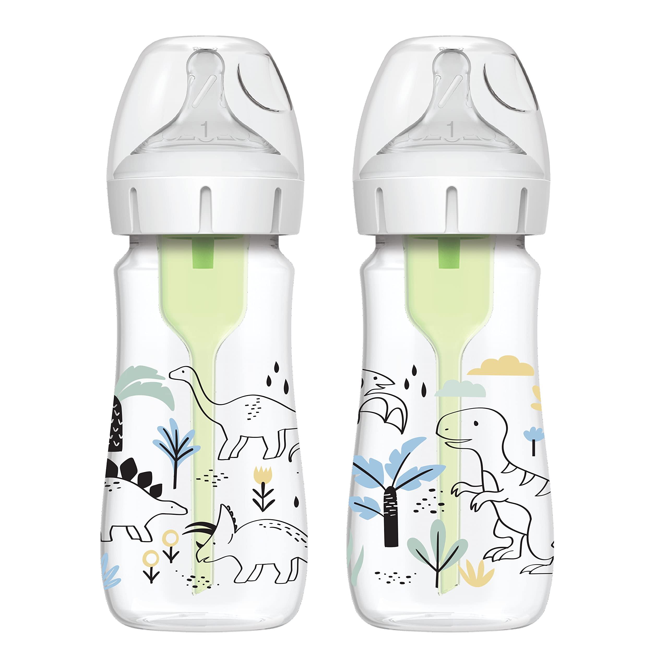 Dr. Brown\'s Dr. Brown's Natural Flow Anti-Colic Options+ Wide-Neck Baby Bottle Designer Edition Bottles, Dino Decos, 9oz/270mL, Level 1 Nipple, 2-Pack, 0m+