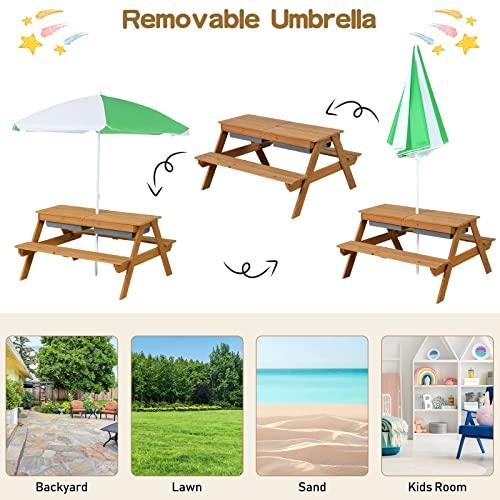 Costzon Costzon Kids Picnic Table, 3 in 1 Sand & Water Table w/Height Adjustable Umbrella, Removable Tabletop, Children Outdoor Toy Playset w/2 Play Boxes, Wooden Convertible Activity Play Table