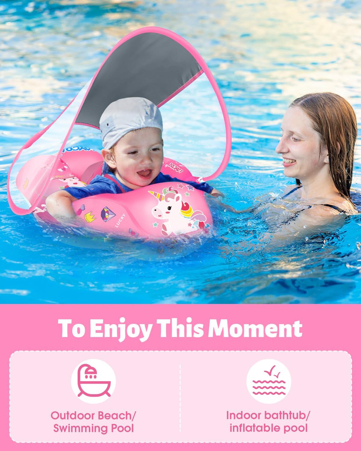 LAYCOL LAYCOL Baby Swimming Float Inflatable Baby Pool Float Ring Newest with Sun Protection Canopy,add Tail no flip Over for Age of 3-36 Months (Unicorn, S)