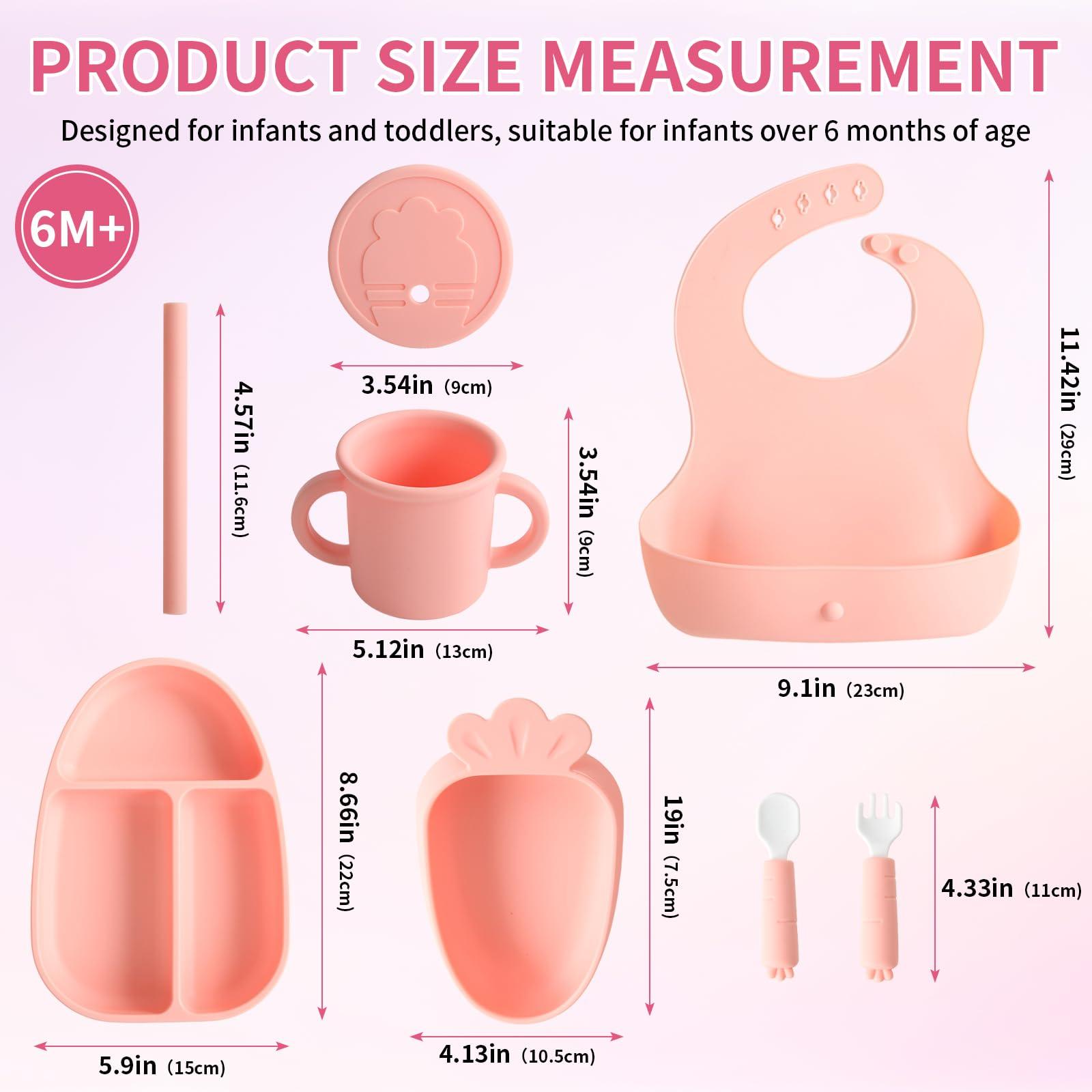 EuChoiz EuChoiz Silicone Baby Feeding Set, Baby Led Weaning Supplies with Suction Bowl Divided Plate, Toddler Self Feeding Dish Set with Bib and Plate, Spoon and Fork, Sippy Cup and Lid Cute Carrot Pink