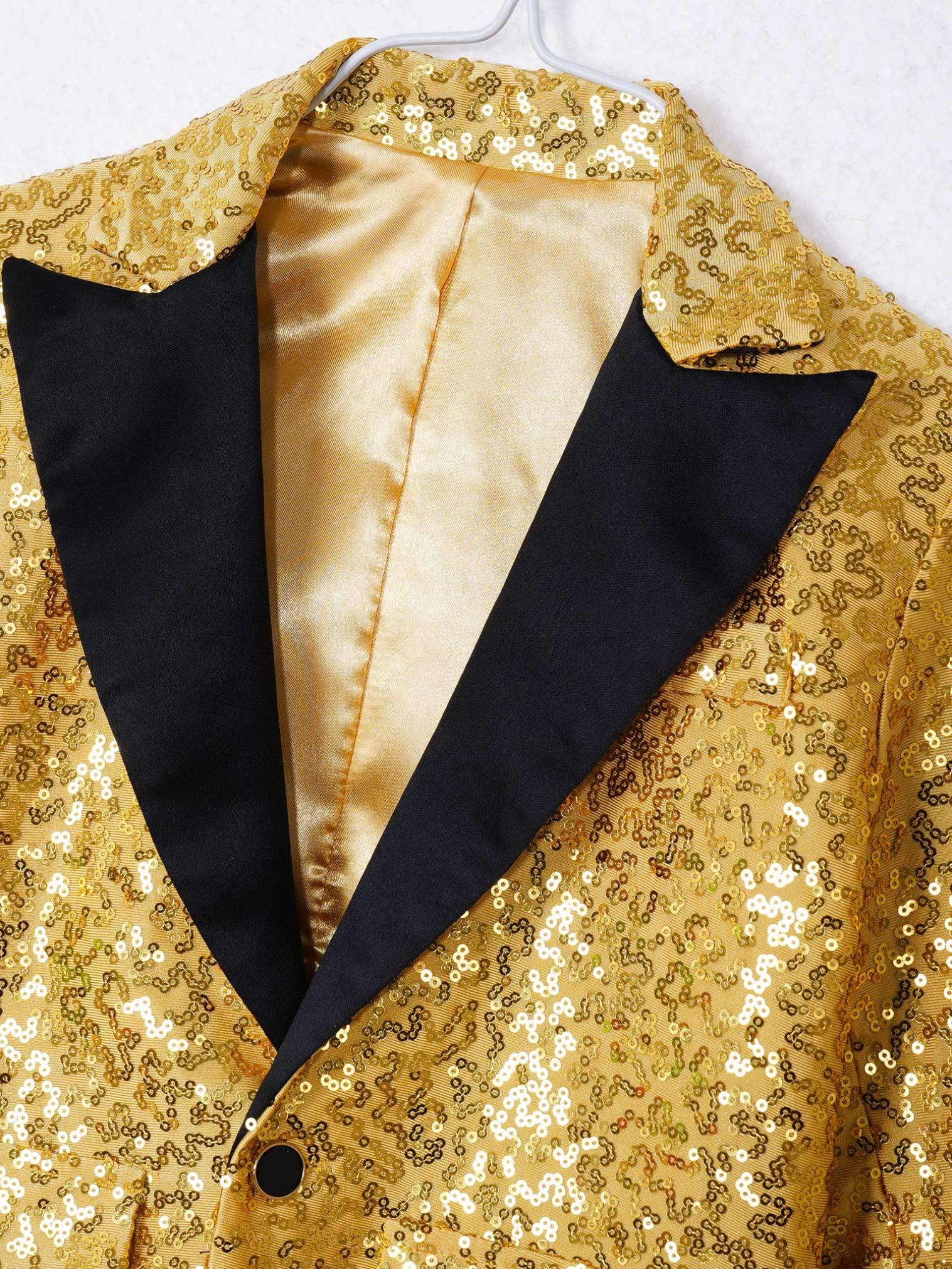 JEATHA JEATHA Kids Boys Shiny Sequins Wedding Pageant Blazer Coat Long Sleeves Jacket Modern Dance Costumes Gold 10