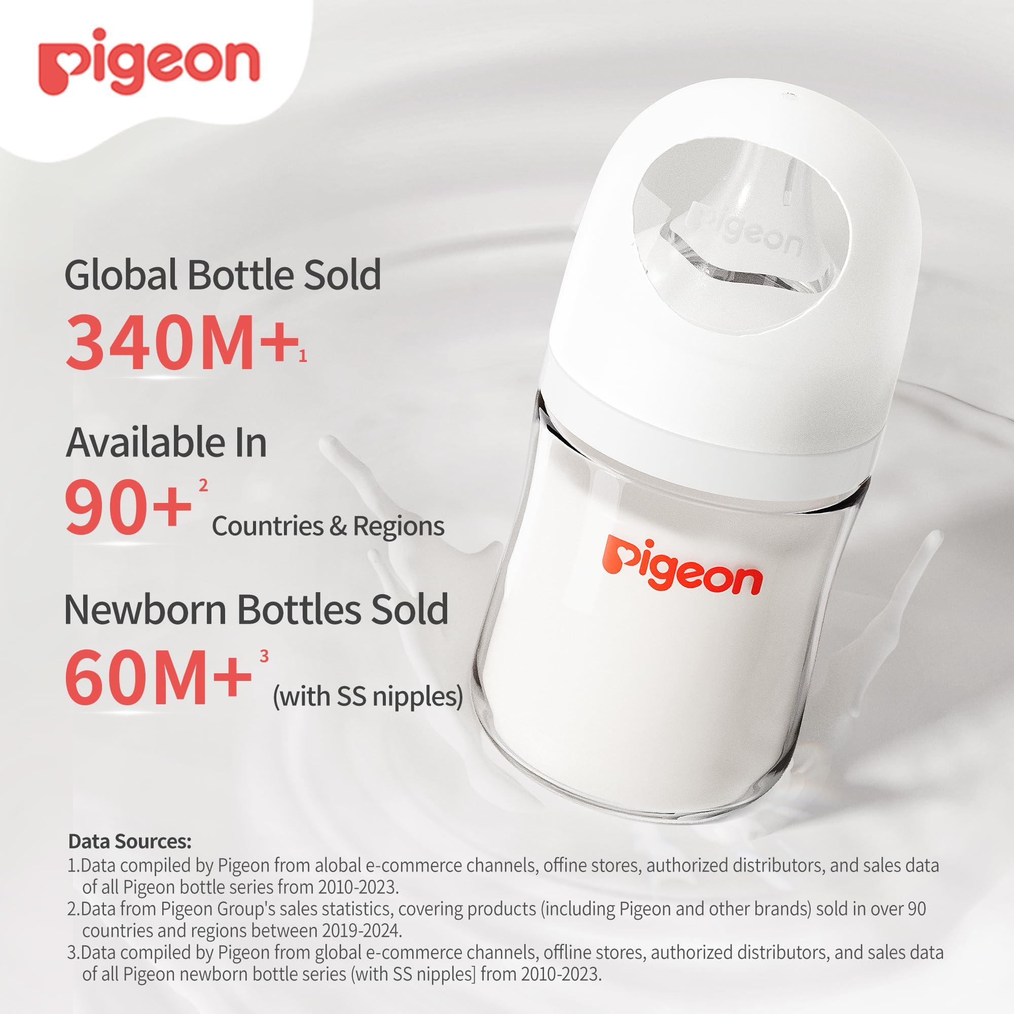 PIGEON Pigeon Glass Nursing Bottle Wide Neck, Anti-Colic, Streamlined Body, Natural Feel, Easy to Clean, Heat-Resistant, 8.1 Oz(Pack of 2), Includes 2pcs M Nipples (3m+)