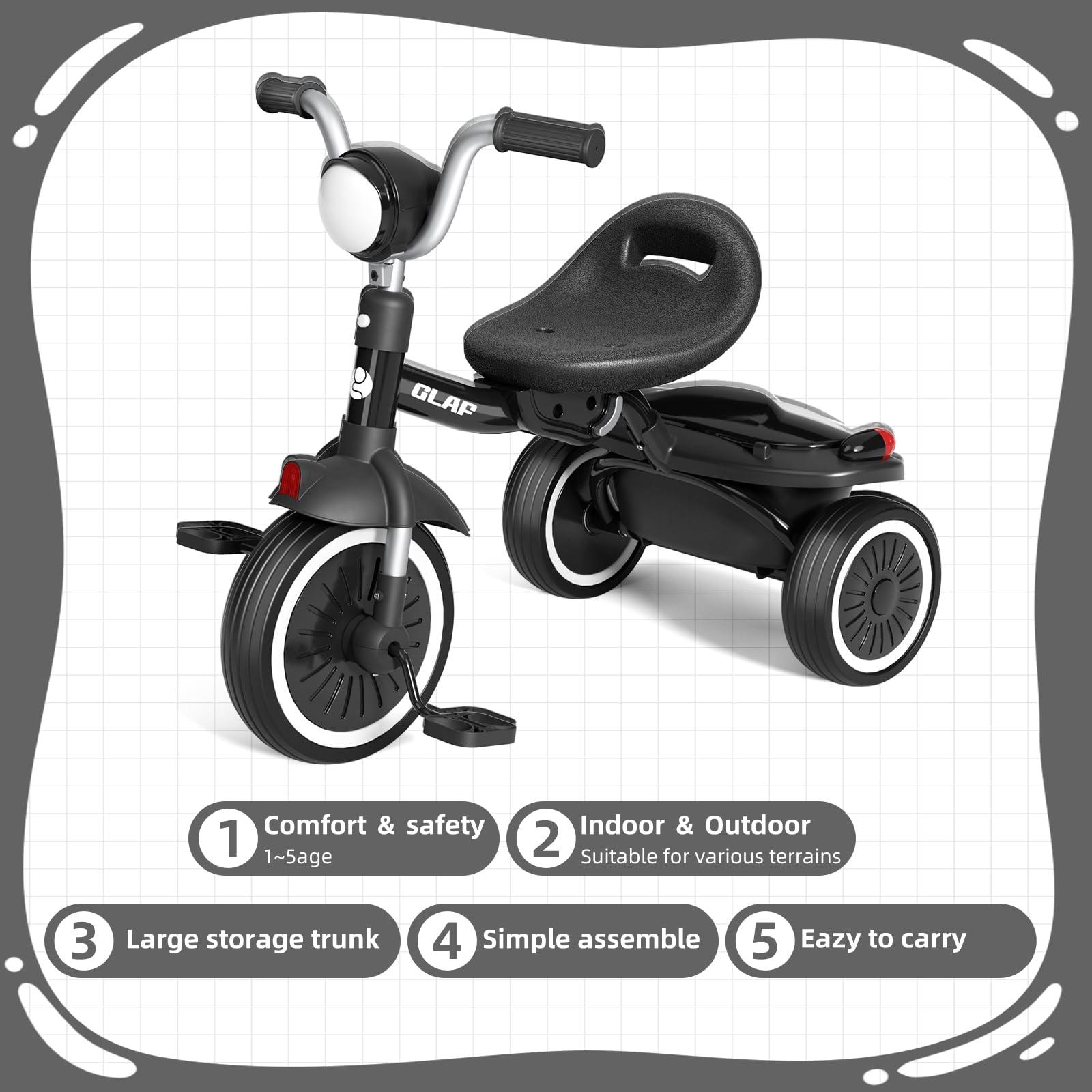 Glaf Glaf Toddler Tricycle Foldable Toddler Bike with Pedals, Adjustable Seat and Storage Basket, Kids Tricycle Birthday Gifts for Toddlers 1-5 Years Old Boys Girls (Black)
