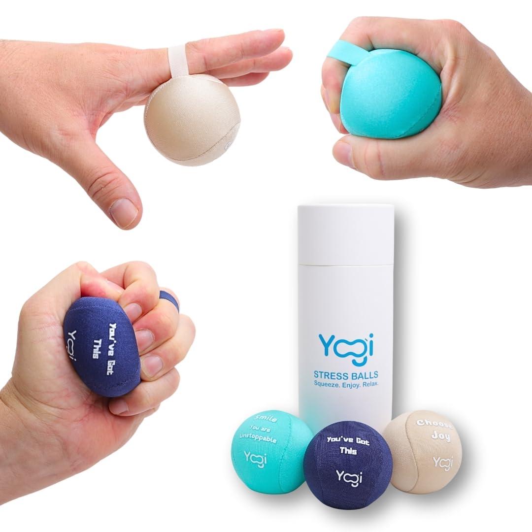 LIGHTBULB IDEAS Yogi Stress Balls - Stress Ball with Finger Grip Strap, Stress Balls for Adults and Kids, Grip Strength Trainer Squeeze Balls, Anxiety Stress Relief, Fidget Handball, Squish Ball
