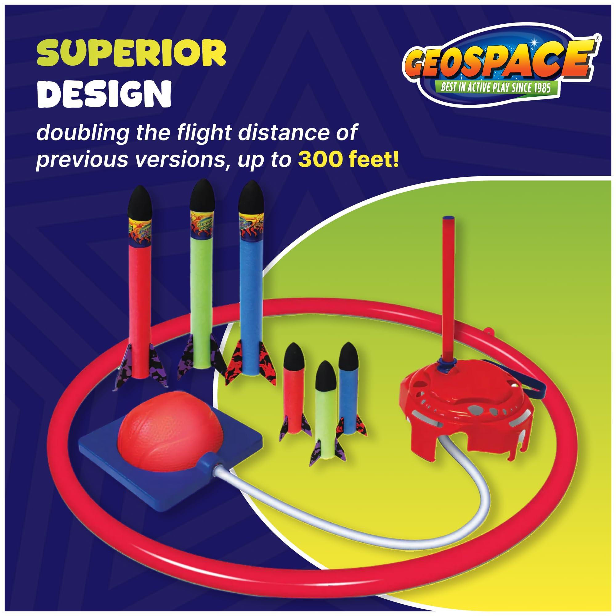 Geospace Geospace Jump Rocket Deluxe Size Set Single Pump 6 Flying Foam Rockets Outdoor Toys for Kids, Boys & Girls Stomper Rocket Set Leg Powered Stomper Rockets Toy - Cool Toys for Fun