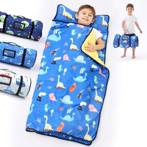 BORPRES Nap Mat with Pillow Blanket Set: Navy Dino Sleeping Mats for Toddler Kids - Thick Large Roll up Slumber Bag for Daycare Preschool Kindergarten Boys Girls